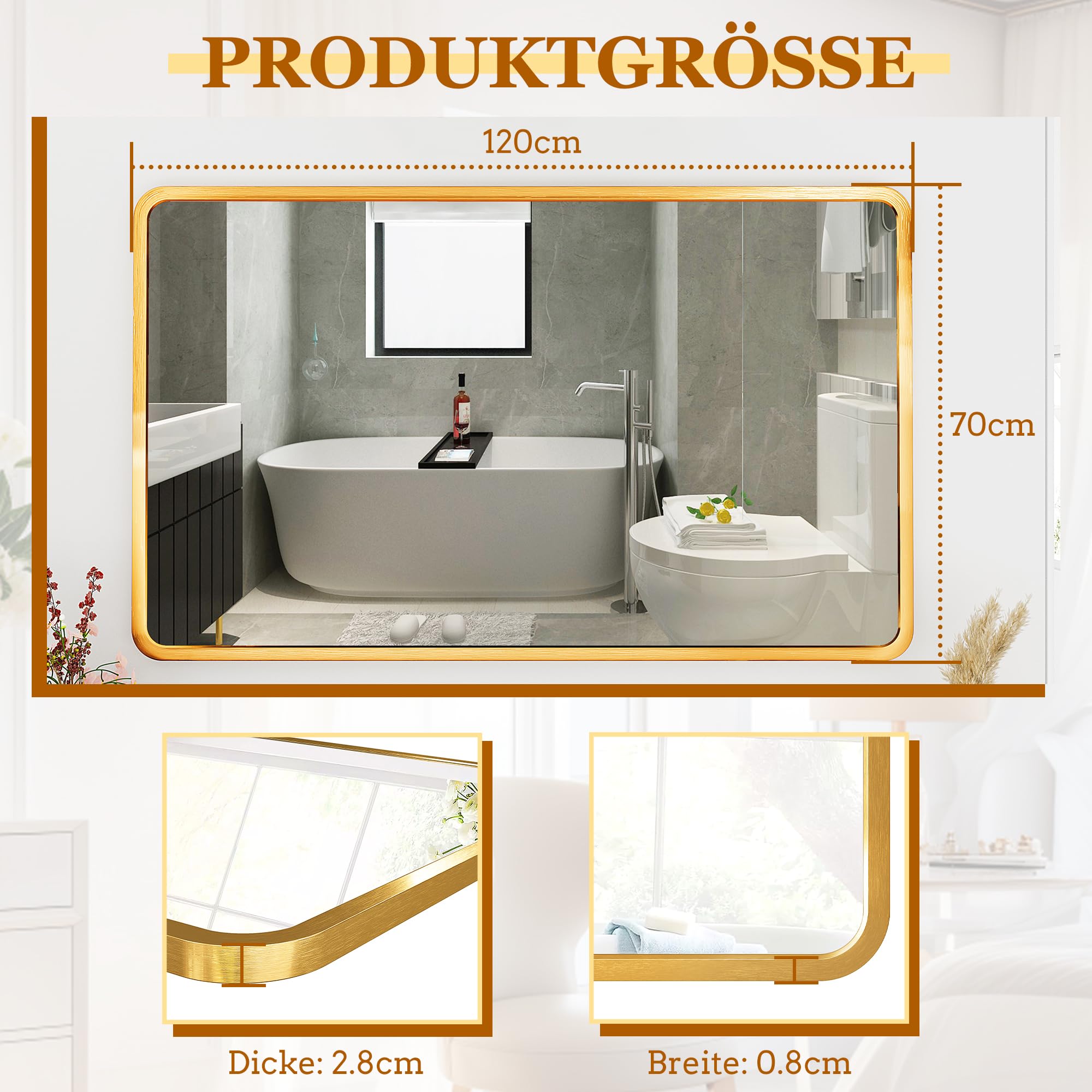 Specchio da parete da 70 x 120 cm, Oro specchio da bagno,con cornice in lega di alluminio, per bagno soggiorno, camera da letto, ingresso, decorazione da parete