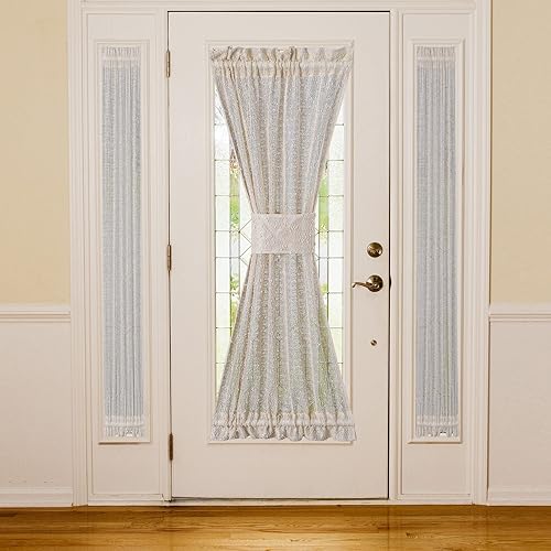 Miniatura 6 de Cortinas de puerta francesa con pompones beige para niñas, textura de lino corta, cortina de gasa semitransparente brillante, incluye alzapaños