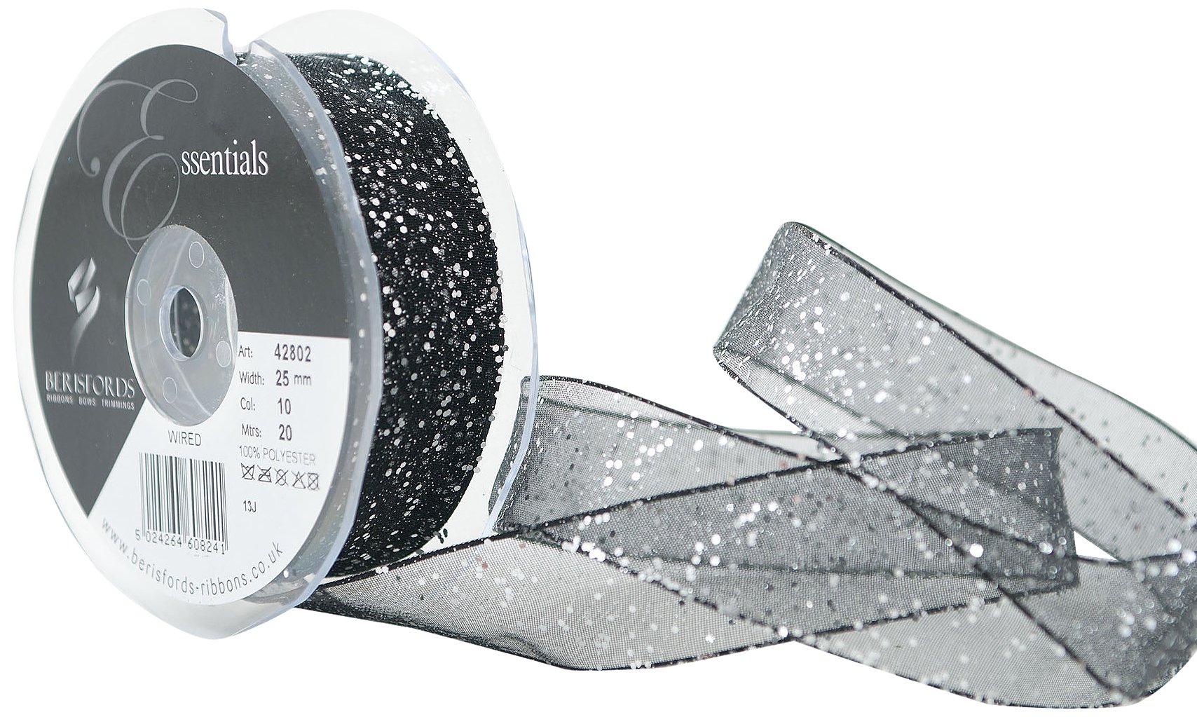 Berisfords 25 mm Random Glitter Wire Edge Ribbon, Black
