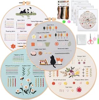 JOINRUN Beginner Embroidery Kit for Adults, 4 Pack with Video Tutorial | Pre-Printed Patterns with 7.8" Hoop, Threads and Needles, Learn Basic Stitches, DIY Needlework Craft Gift for Women