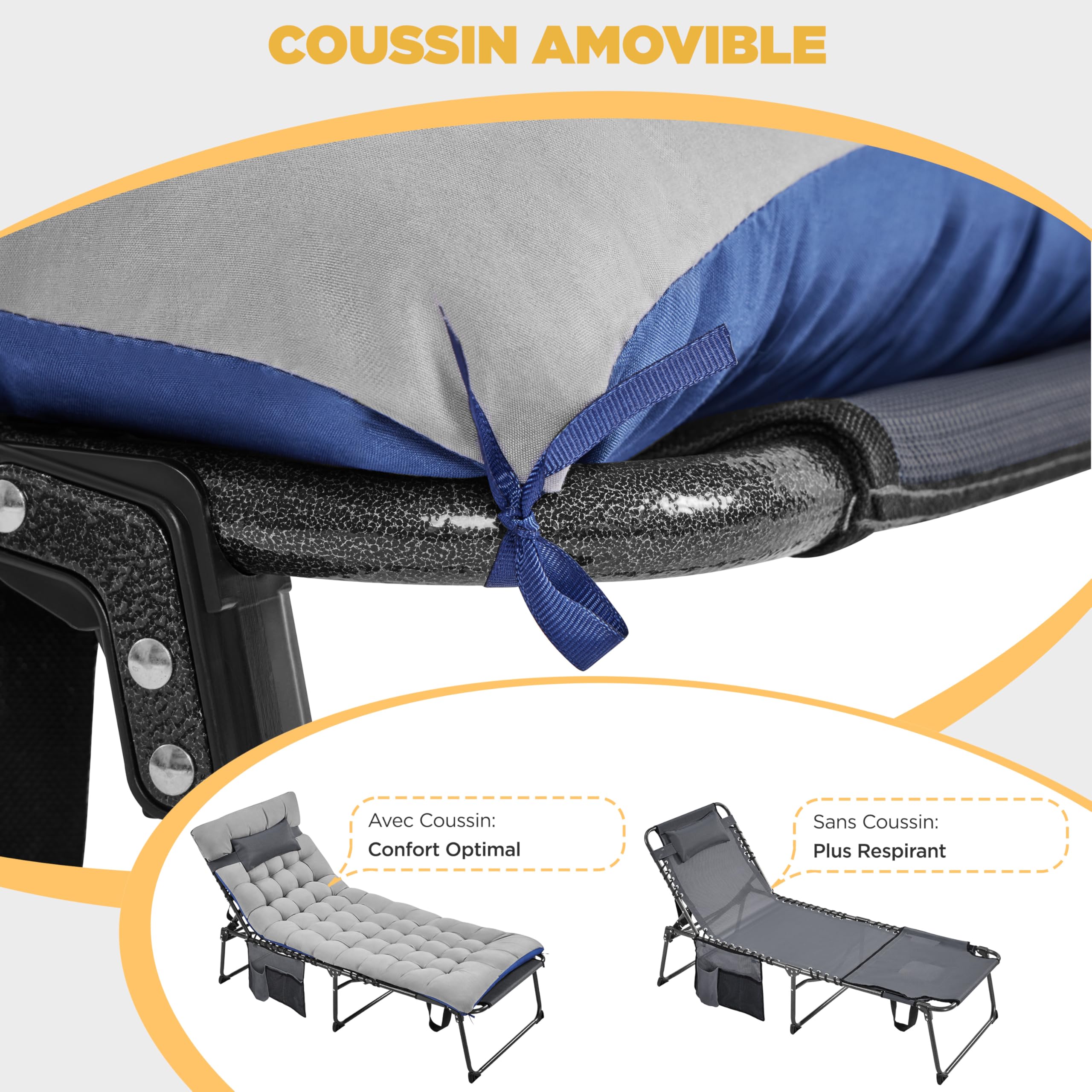 Abician Transat Jardin Exterieur Inclinable à 5 Positions avec Matelas Bains de Soleil Pliable Multifonctionnel avec Appuie-tête, Poche pour Lecture Bronzer Le Dos Piscine Plage Patio Terrasse