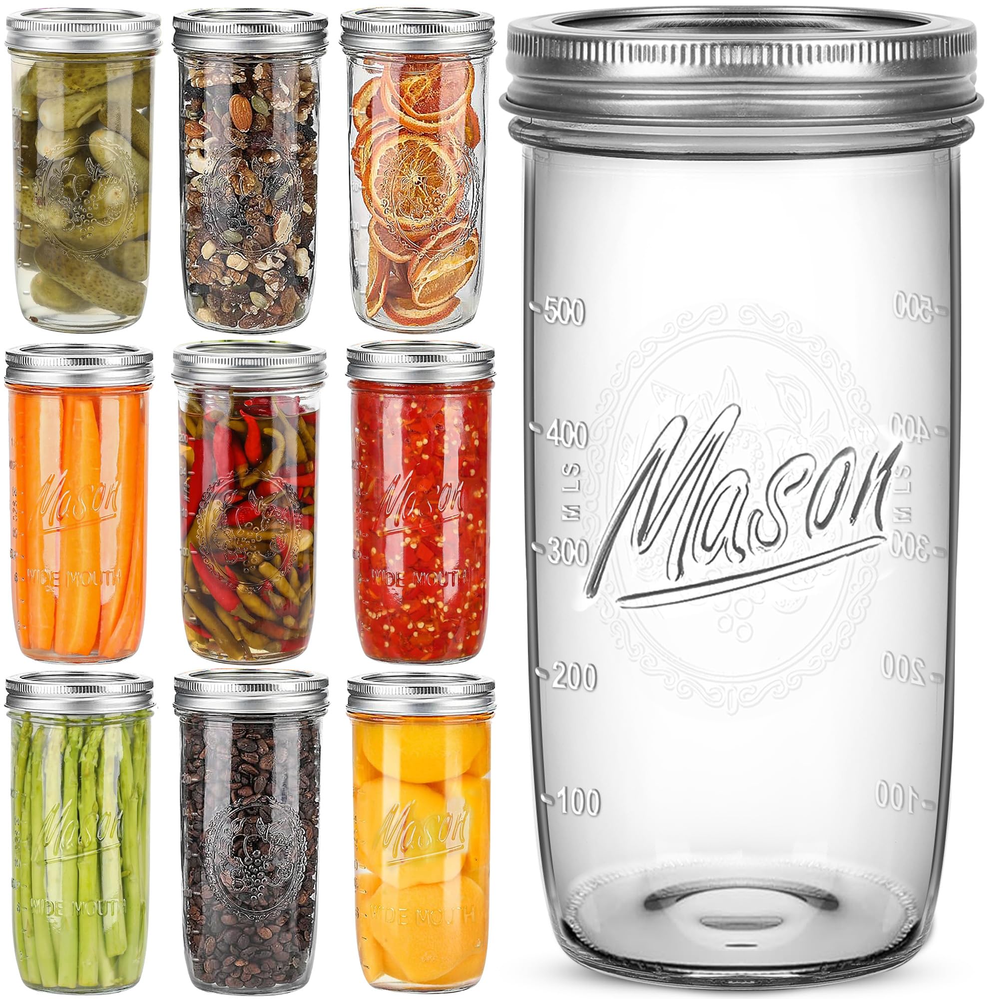 Mason Jars Wide Mouth 24oz, 10 pack Glass Pickle Canning Jars Food Storage With Airtight Mason Jar lids and Bands for Canning, Preserving, Fermenting, Pickling for Microwave/Freezer/Dishwasher