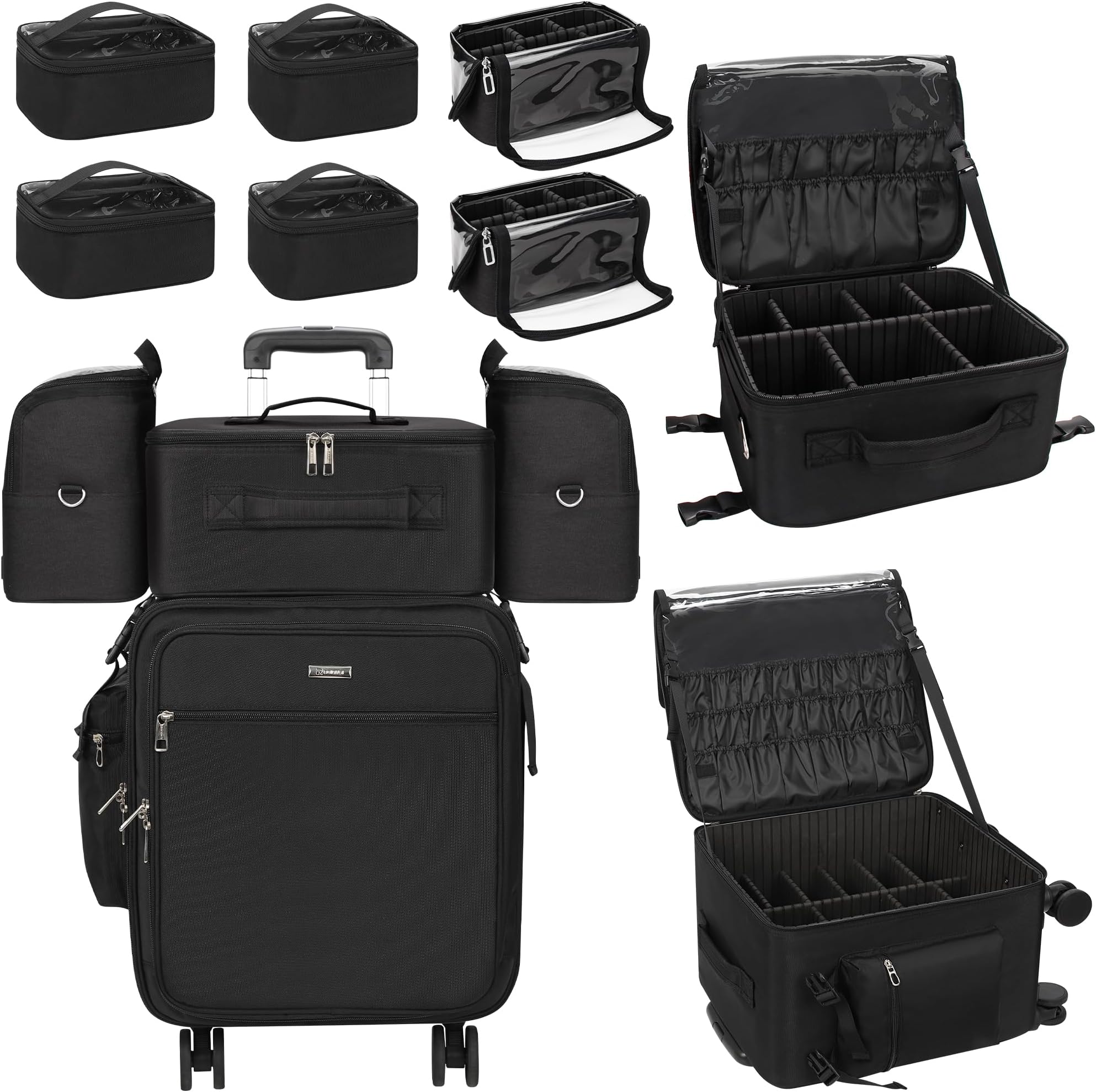 Relavel Rolling Makeup Case Professional Makeup Train Case, Rolling Makeup Kit Bag Makeup Artist Travel Bag with Wheels, 4-in-1 Portable Travel Beauty Trolley Case for Cosmetology Storage(Black)