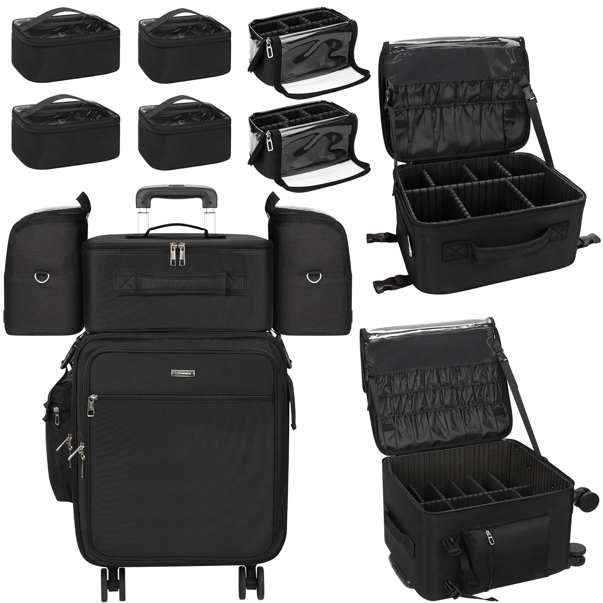 Relavel Rolling Makeup Case Professional Makeup Train Case Travel Beauty Luggage Trolley 8 in 1 with Detachable Cosmetic Case and Dual Makeup Brush Case 4 Mini Bags and Wheels(Black,4-Pack)