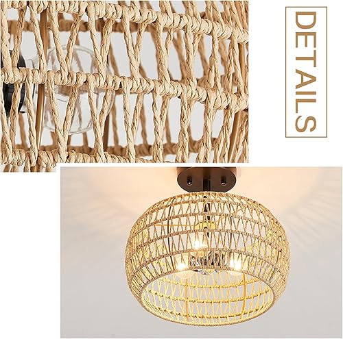 Miniatura 4 de Bosomfr Lámpara de ratán de 3 luces, lámpara de techo estilo bohemio, estilo retro, semiempotrada, tejida a mano, lámpara de techo retro, lámpara de
