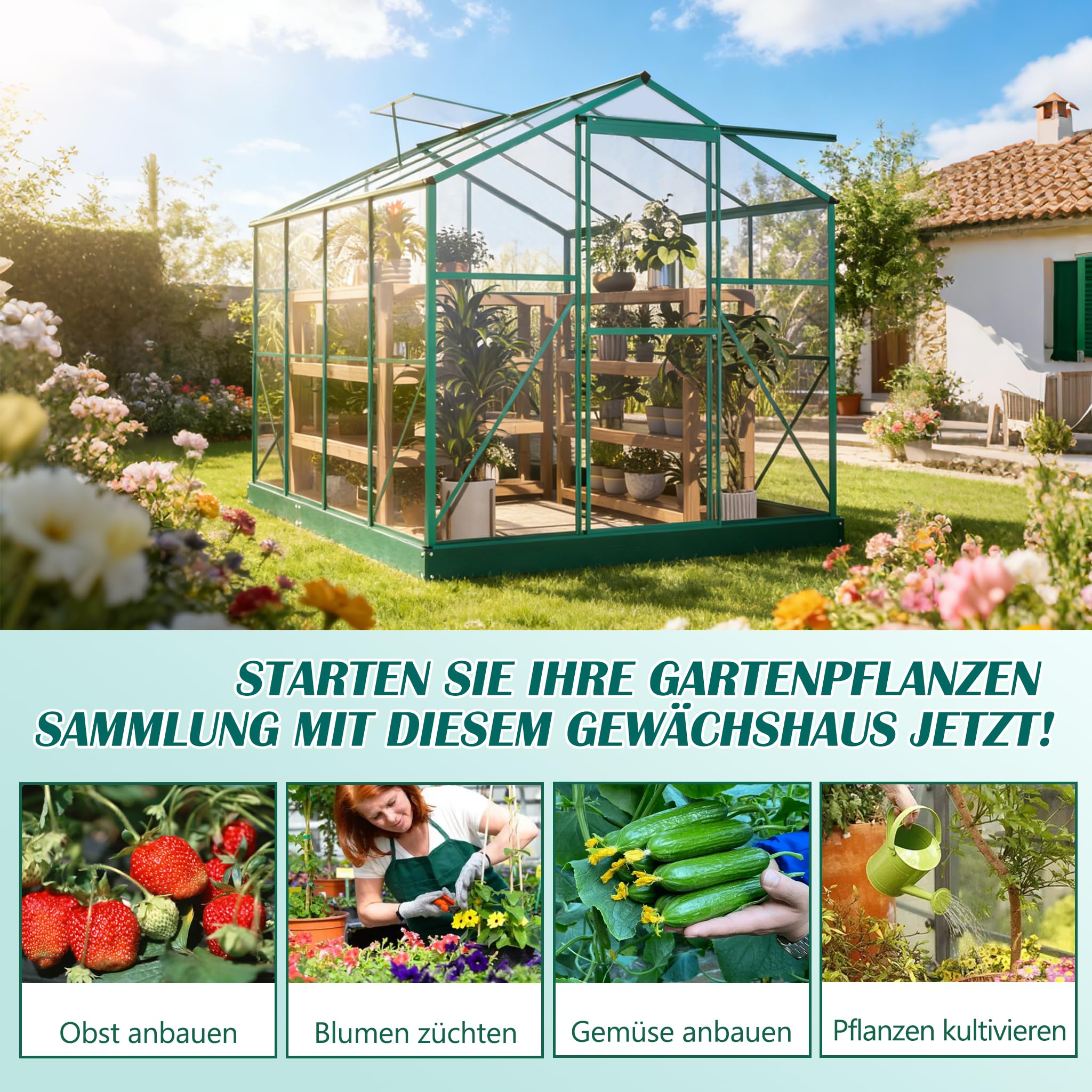 Gewächshaus 254×189×155cm Stabil und Sturmfest Transparente Polycarbonatplatte Wintergarten, Zimmergewächshaus für Verstellbarer Dachlüfter mit 4 Winkeln, Witterungsbeständigkeit Frühbeet,Tomatendach