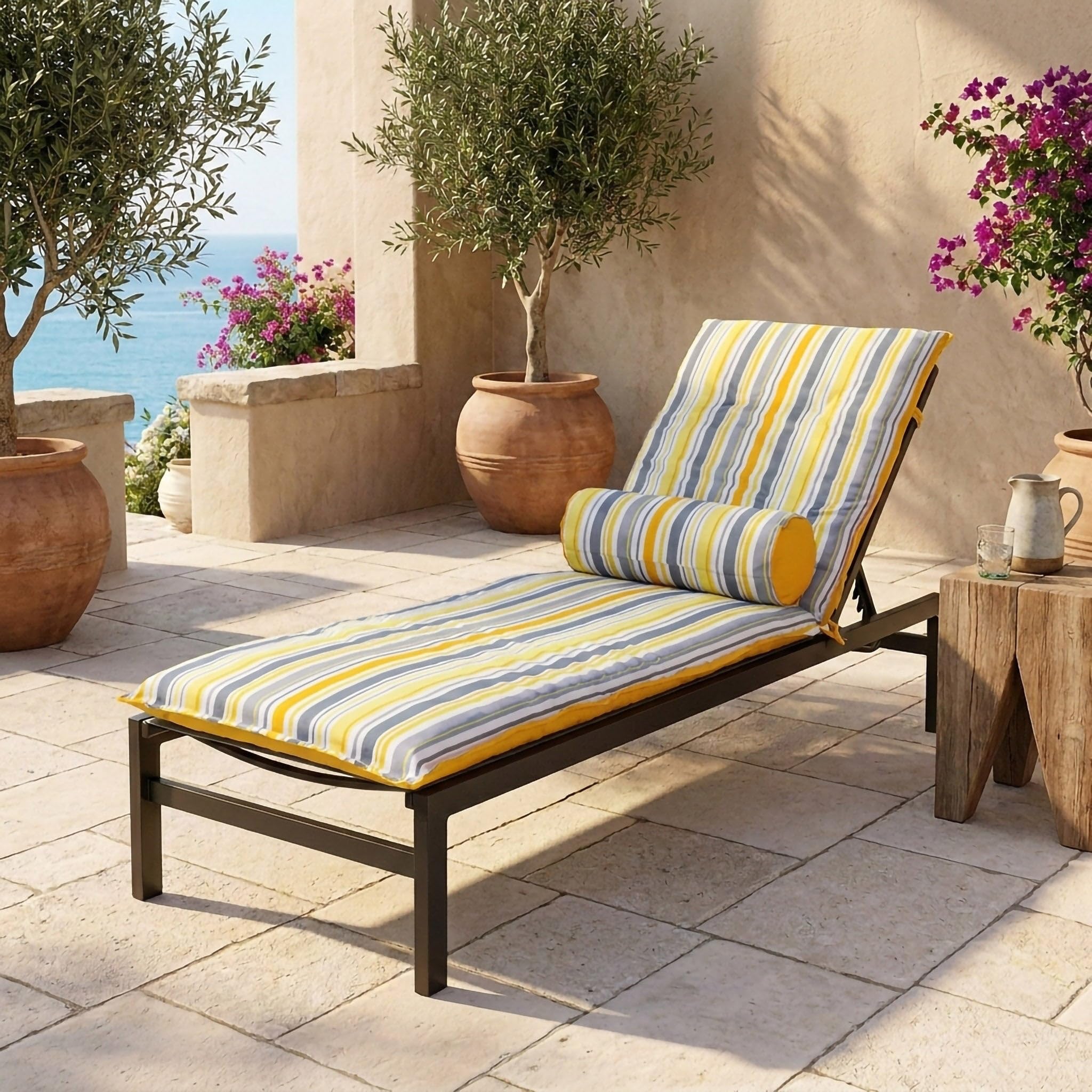 Lot de 2 Coussins pour Chaise Longue & Transat 195/60cm + 2 Traversin - AntiUV et Imperméable - Motif Rayures Solaires