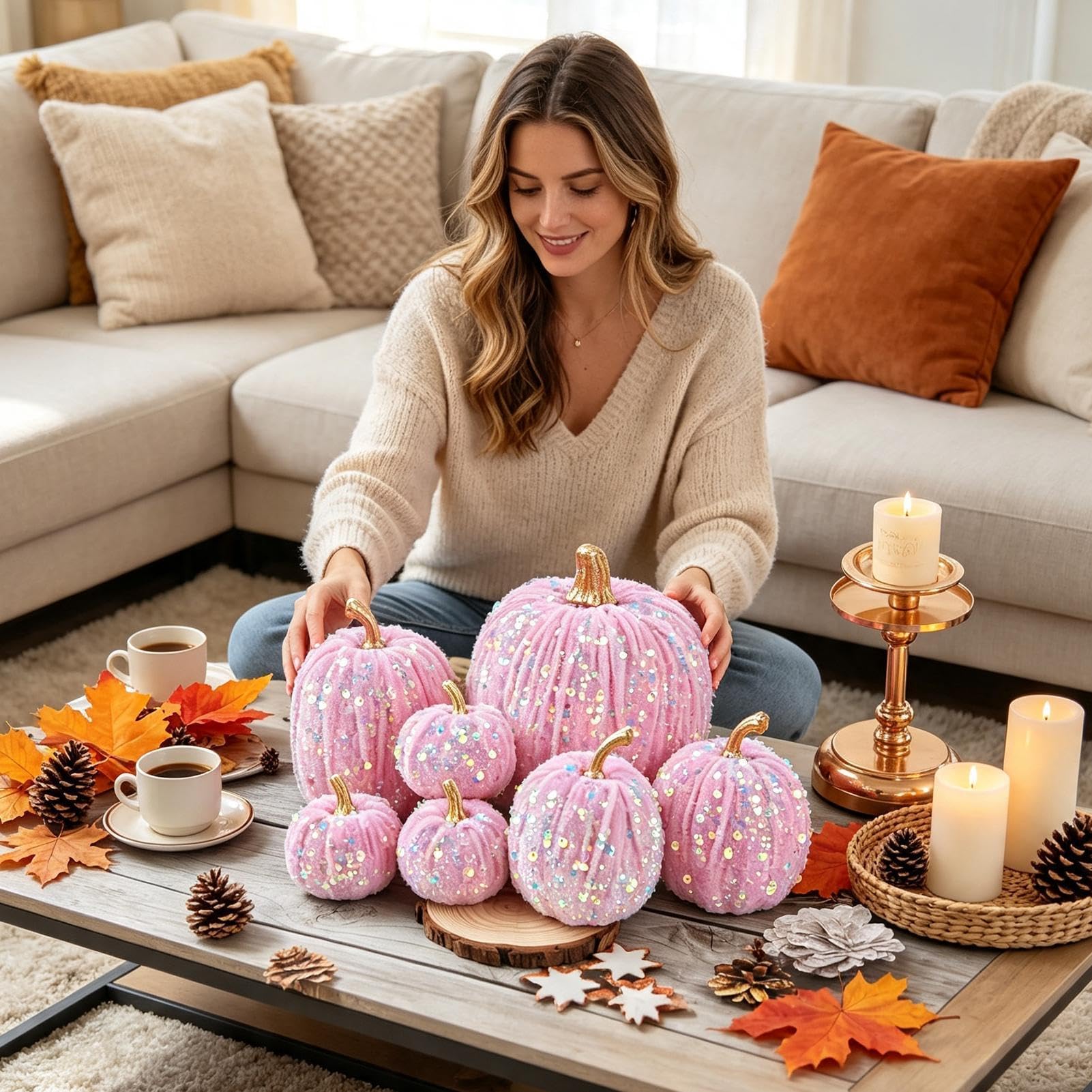 Zucche di velluto con paillettes, 7 pezzi, decorazioni a forma di zucca di