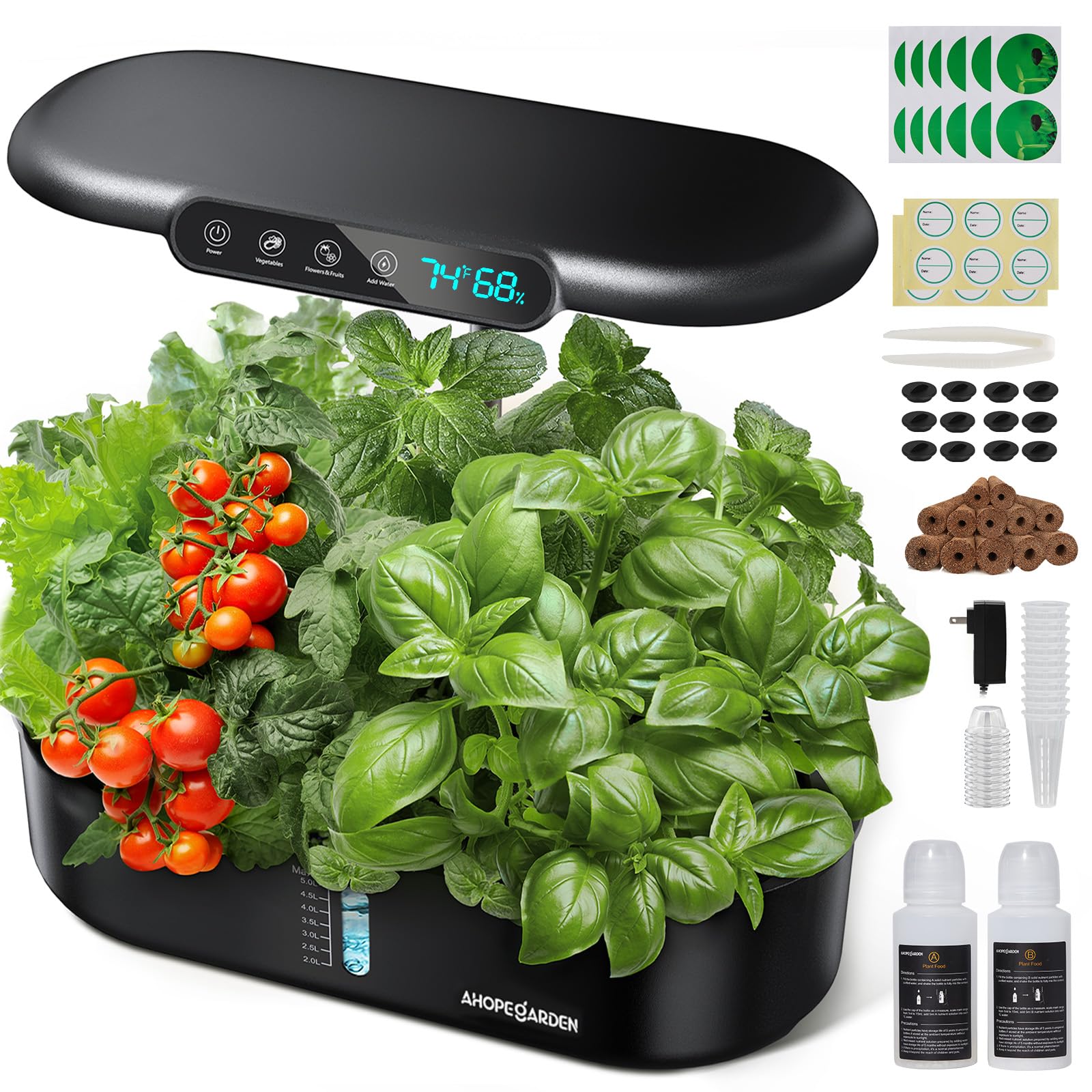 Ahopegarden Hydroponics Growing System kit: 12 Pod Indoor Herb Garden with Smart Environmental Detection，LED Grow Light，LCD Display，Hydroponic Planter for Vegetables，Herb，Lettuce，Home Gardening