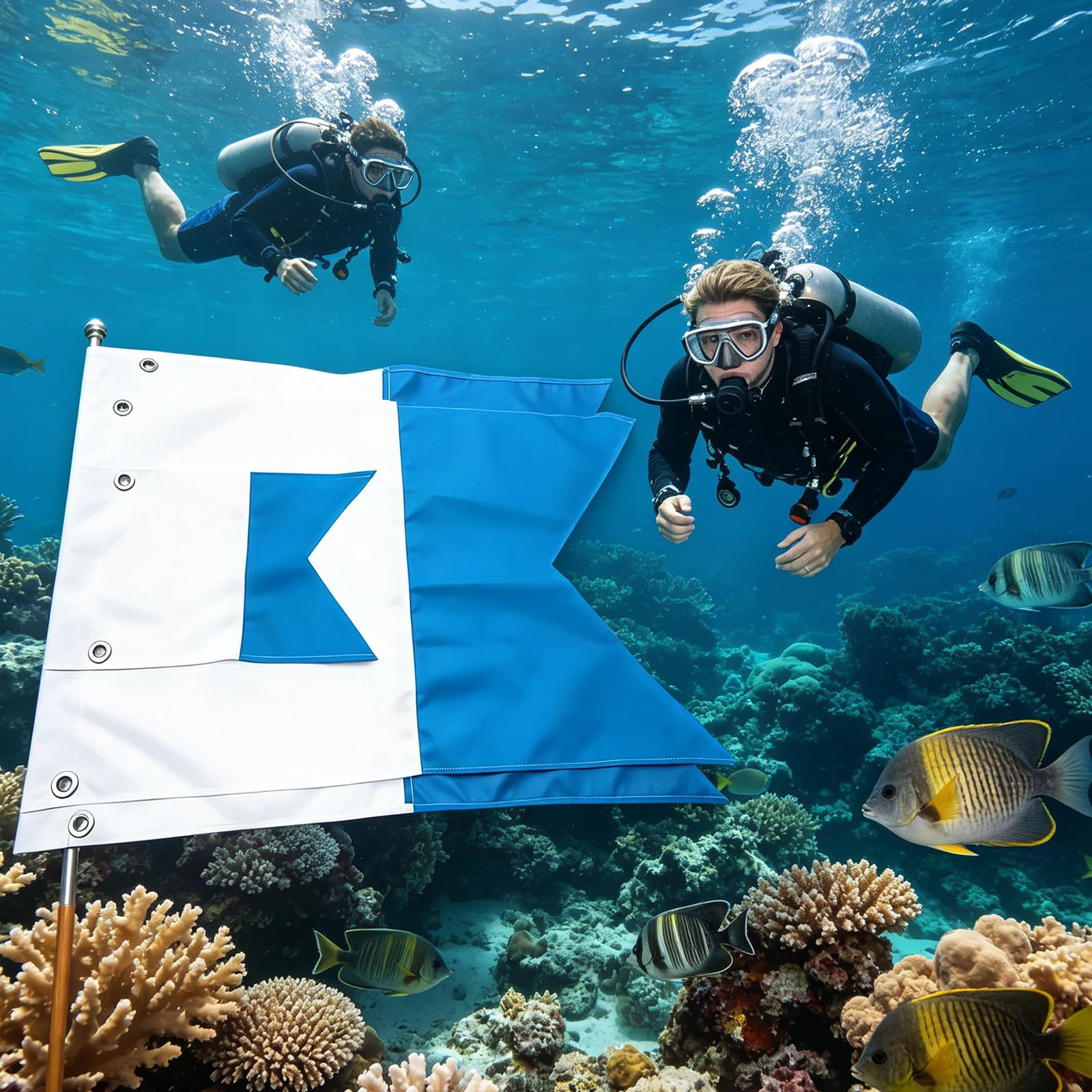 Generisch Set de banderas flotantes de buceo, 35 x 25 cm, 75 x 60 cm, 80 x 50 cm, tamaño azul y blanco, para actividades marinas y seguridad en la piscina, bandera de seguridad para snorkel