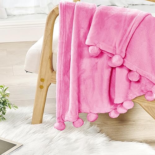 Miniatura 3 de BYTIDE Manta con pompones para sofá, manta de franela de vellón con borlas de flecos de pompones, manta de felpa, esponjosa, acogedora, cálida,