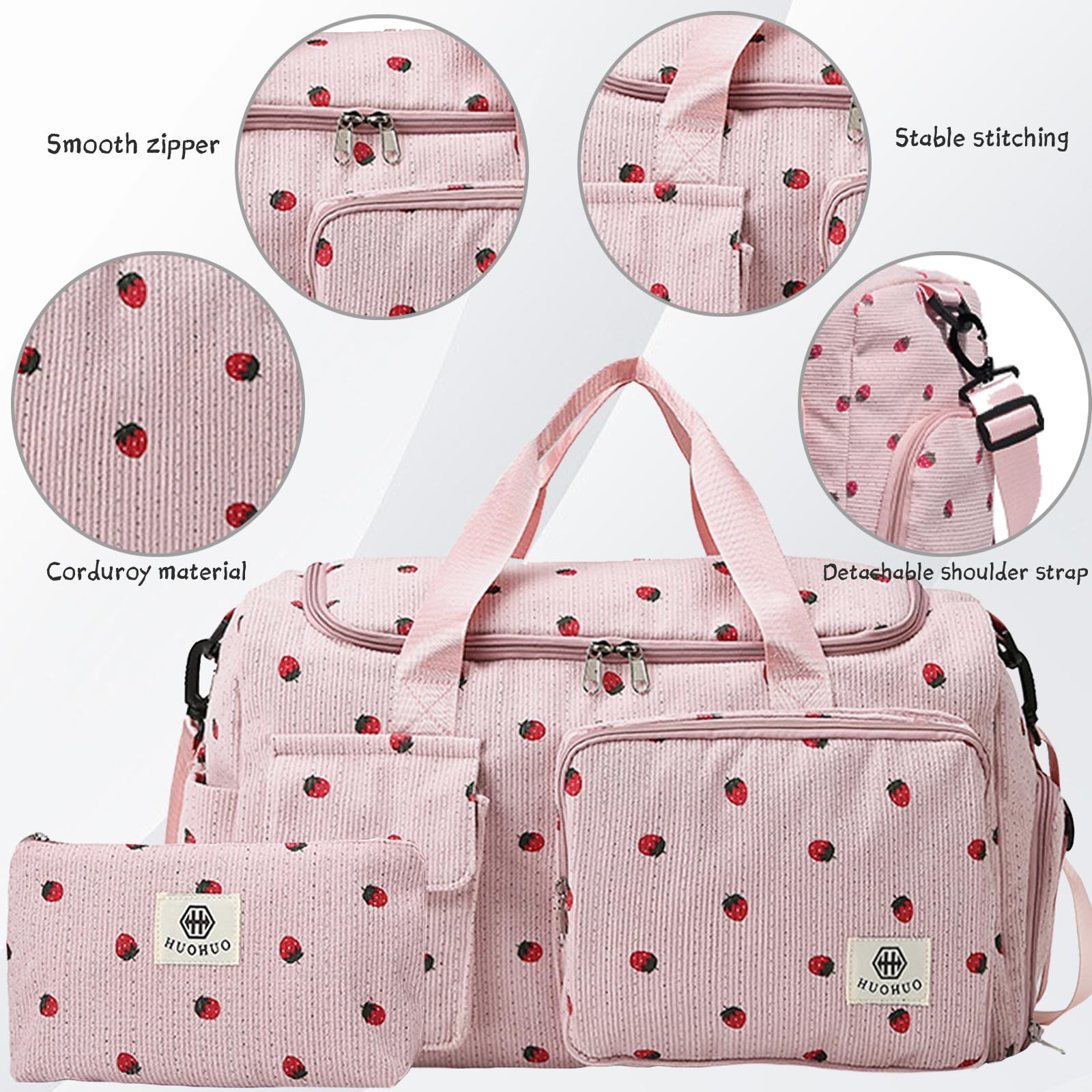 Borsone da Viaggio da Donna, Fragola Borsa Sportiva Donna in Velluto a Coste, Borsa Sportiva con Scomparto per Scarpe, Scomparto Umido and Portafoglio Piccolo, per Notte Weekender