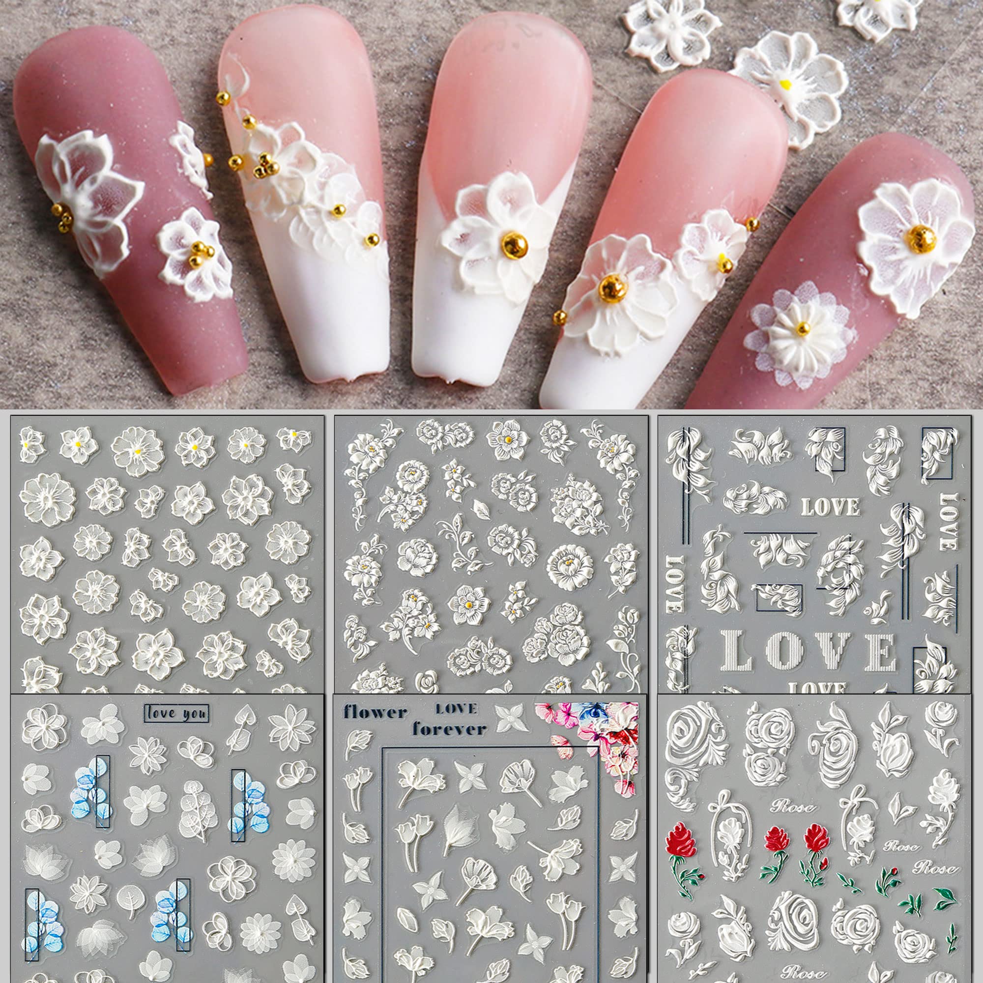 TailaiMei4 Sheets Flower Nail Art Stickers 5D Exquisite Embossed Nail Decals, Self-Adhesive Carving Design Daisy Rose Nail Decoration for Women DIY