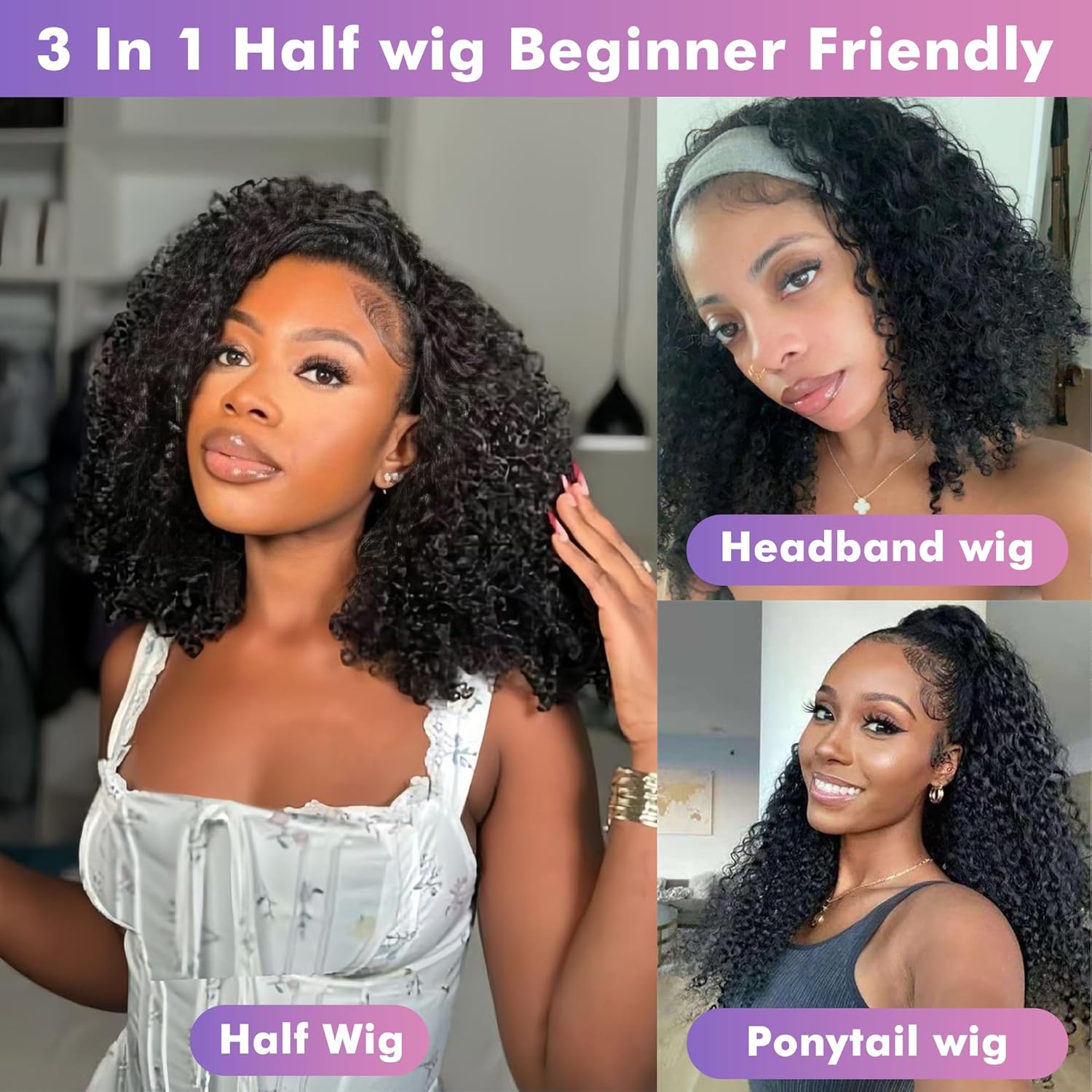 Half Wig Human Hair Kinky Curly 200% Density 3 In 1 Drawstring Seamless Flip Over Half Wigs 18 Inch Curly Half Wigs for Women Glueless Wear Go Headband Wig Human Hair Beginner Friendly Natural Black