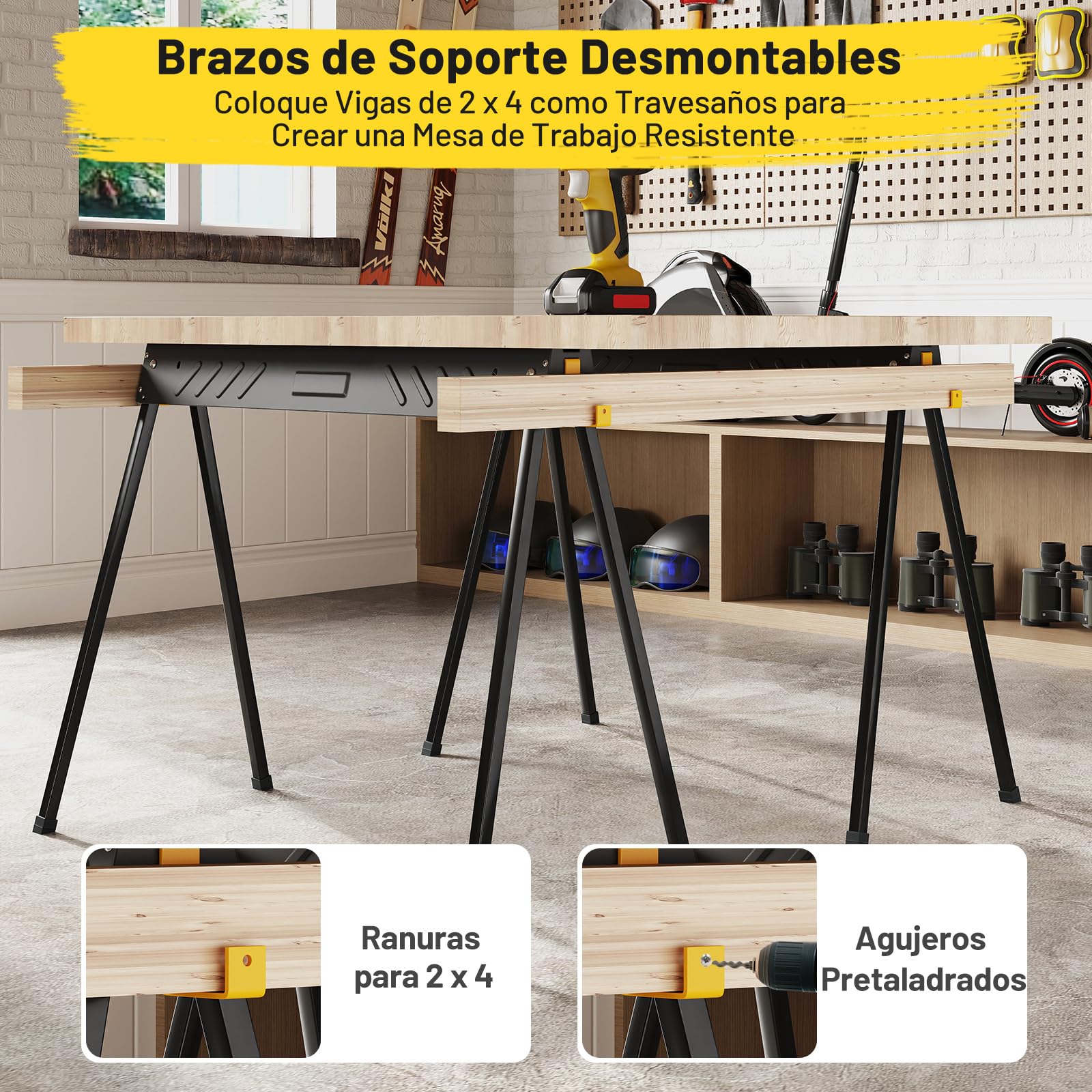 COSTWAY Juego de 2 Caballeteas de Sierra con Patas Plegables, Caballete Metálico de Trabajo con Asa y Brazos de Soporte, Borriquetas para Contratistas Carpinteros, Carga 500 kg, Negro