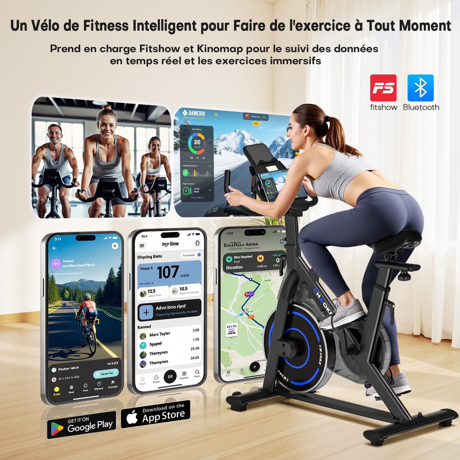 CHAOKE Vélo d'appartement Silencieux Résistance Magnétique Réglable App écran LCD Capacité 150KG