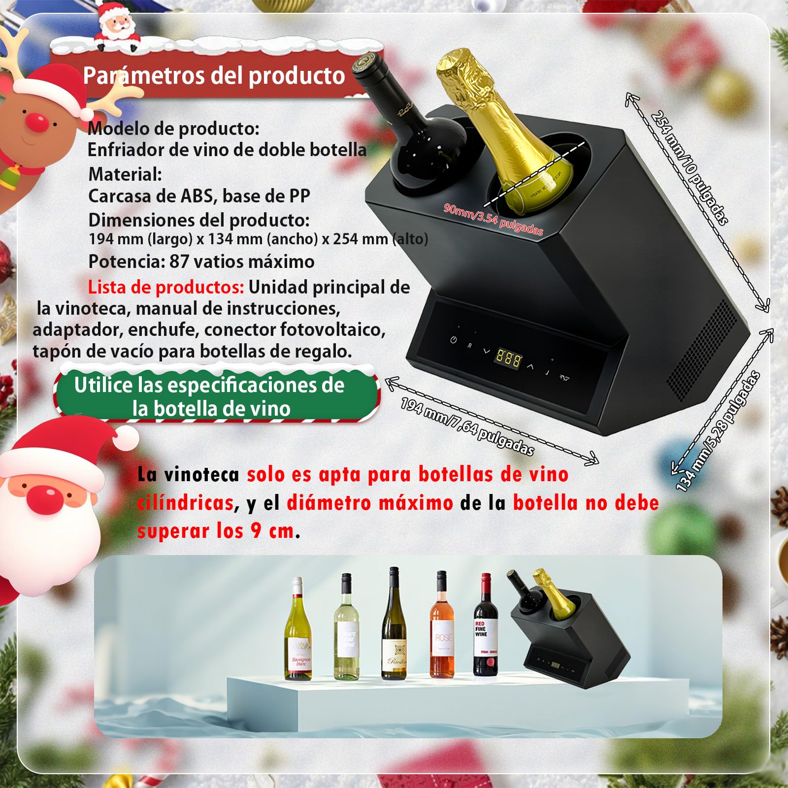 Enfriador de vino eléctrico de doble botella, enfriador de 2 botellas para vino y champán estándar de 750 ml, acero inoxidable con control táctil, refrigeración 24 horas para cocina, bar, fiesta