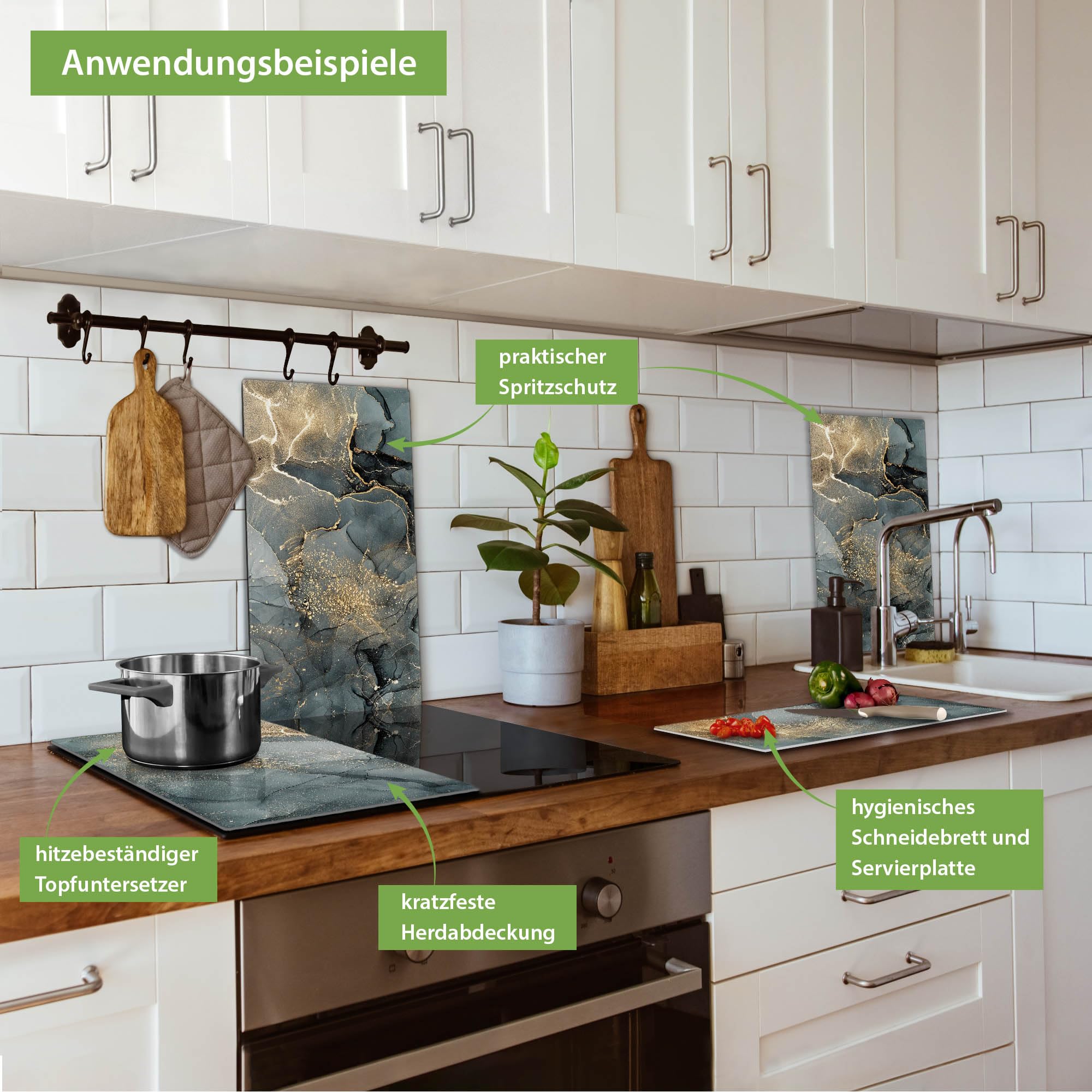 banjado Herdabdeckplatten Ceranfeld 2-teilig 60x52 cm, edle Glasplatte Herd als Schneidebrett Glas und Spritzschutz Küche, Motiv grauer Marmor mit Gold 1