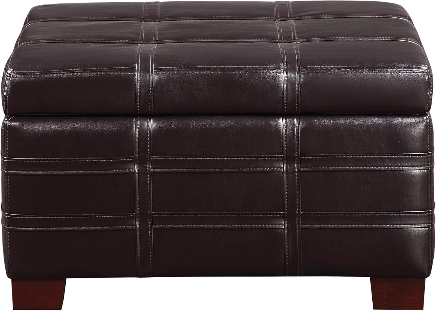 Espresso Faux Leather Square Storage Ottoman with Stitch Detail