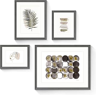 Modern Color Insert Framed Decoration - Simple Line Wall Art and Palm Leaf Pictures with Brown Wooden Frames for Bathroom,...