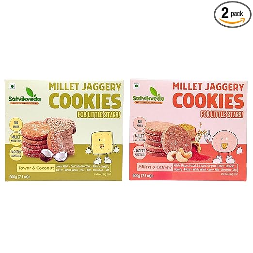 Satvikveda Jowar Coconut Cookies 200g + Millets Cashew Cookies 200g | Millet Jaggery Biscuits - Combo Pack | Healthy Snacks for Kids & Adults | Maida and Sugar Free | Goodness of Ragi, Kaju & Butter