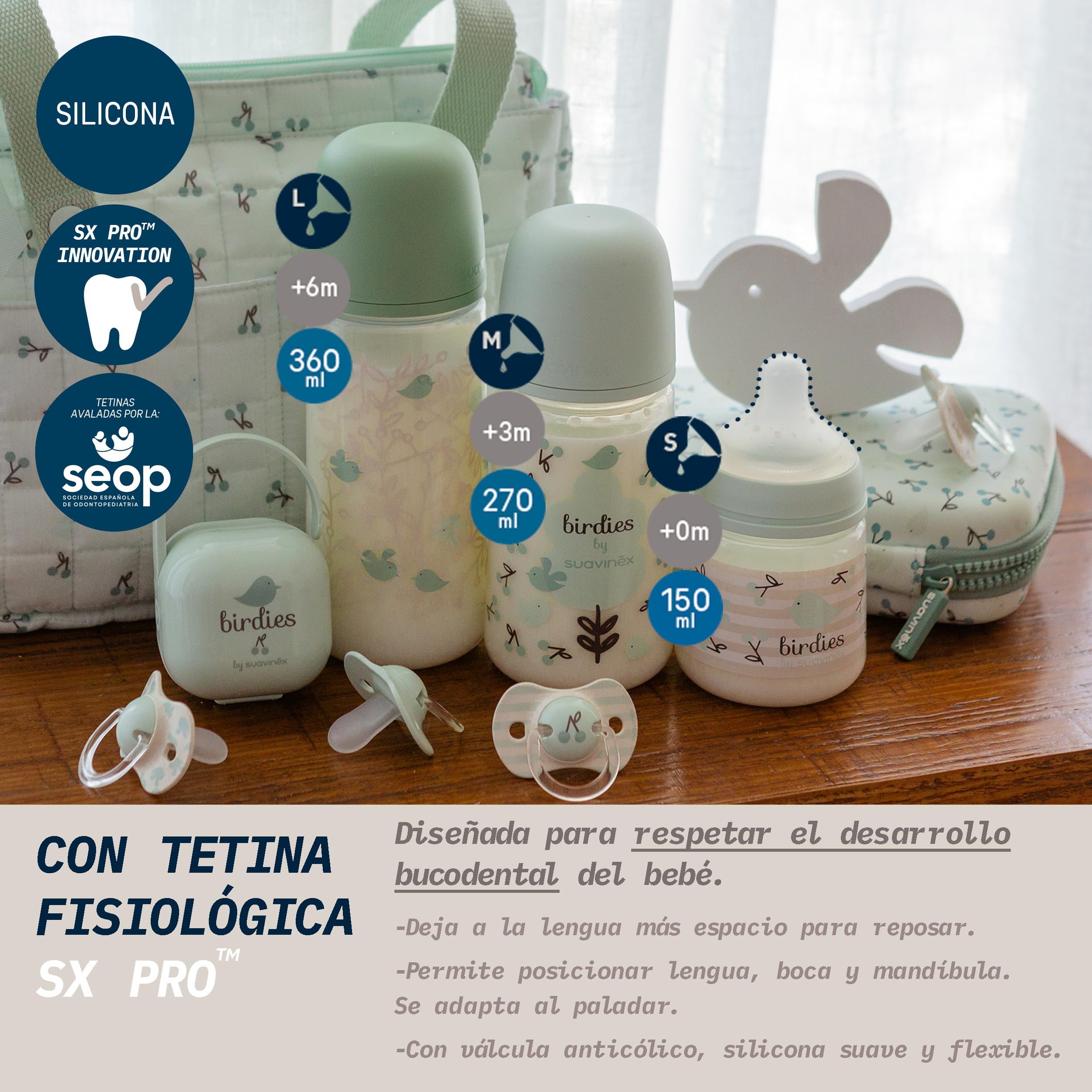 Suavinex, Confezione 2 Biberon da 270 ml, Tettarella Simmetrica SX Pro in Silicone con Valvola Anticolica, Flusso Medio, Liquido Densità Media, Latte, Succhi, Acqua. ​+3 Mesi.Birdies, Wild&Free, Blu