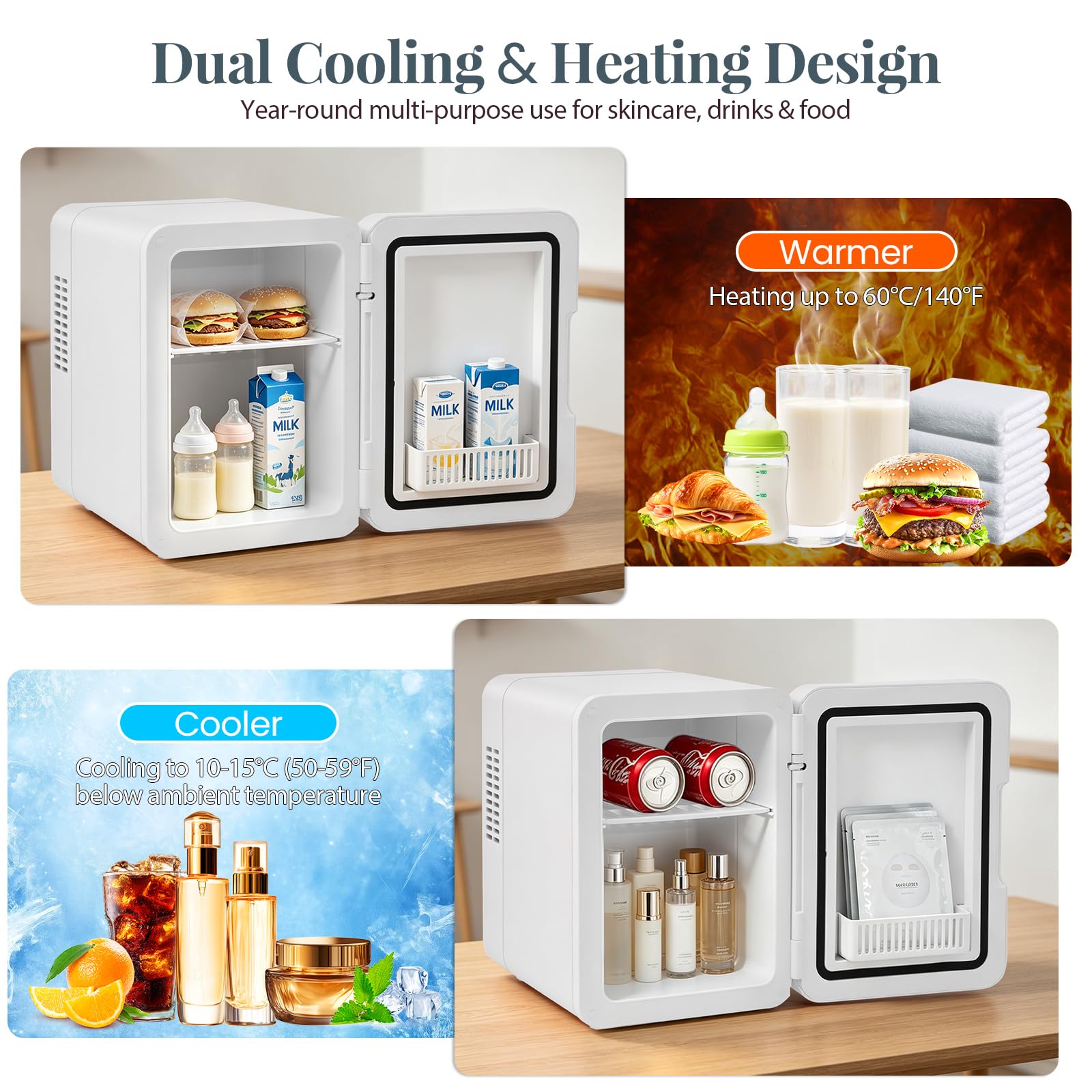 Mini Kühlschrank 5 L / 6 Dosen, LED-Lampe mit 3-stufiger Dimmfunktion,220V AC / 12V DC Kühl- & Wärmefunktion, Kosmetik Kühlschrank für Zimmer, Büro, Skincare, Getränke & Kosmetik (Weiß)