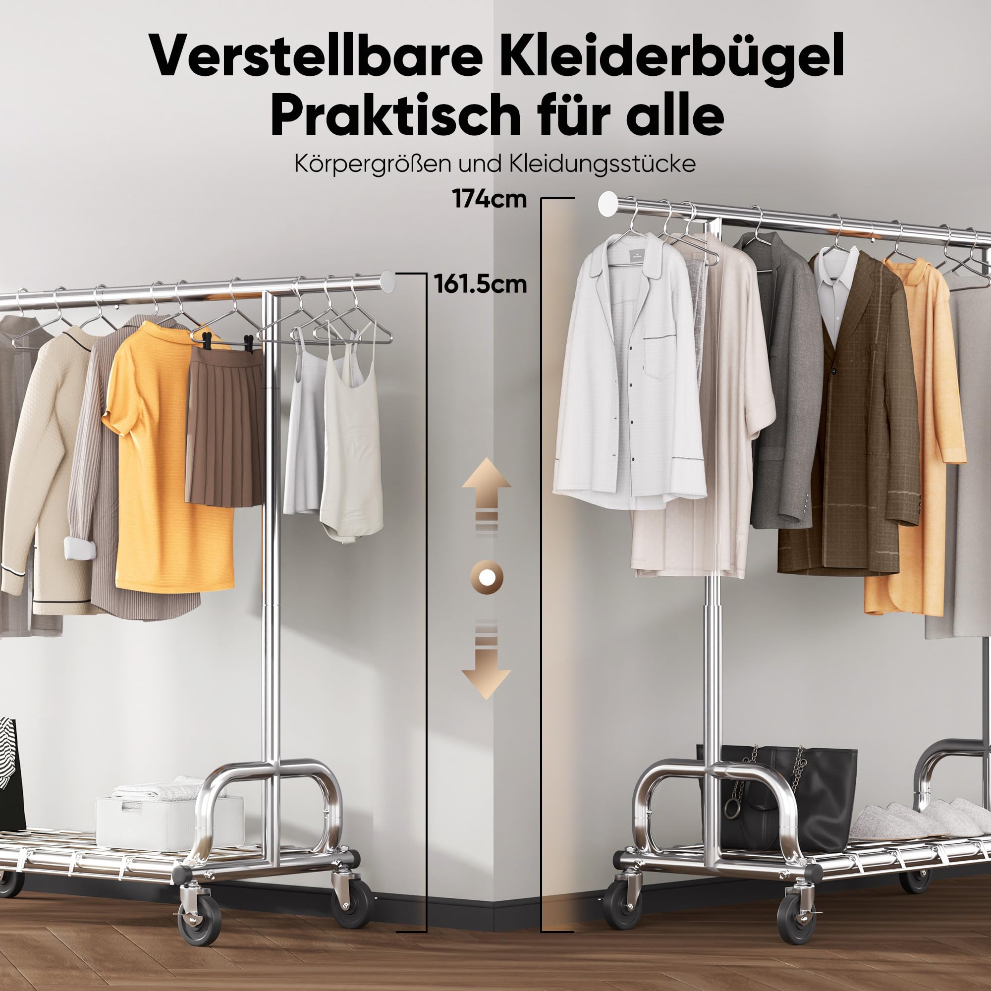 HOKEEPER Kleiderständer auf rollen Schwerlast,204 kg Tragkraft,ausziehbare Kleiderstange zum Aufhängen von Kleidung