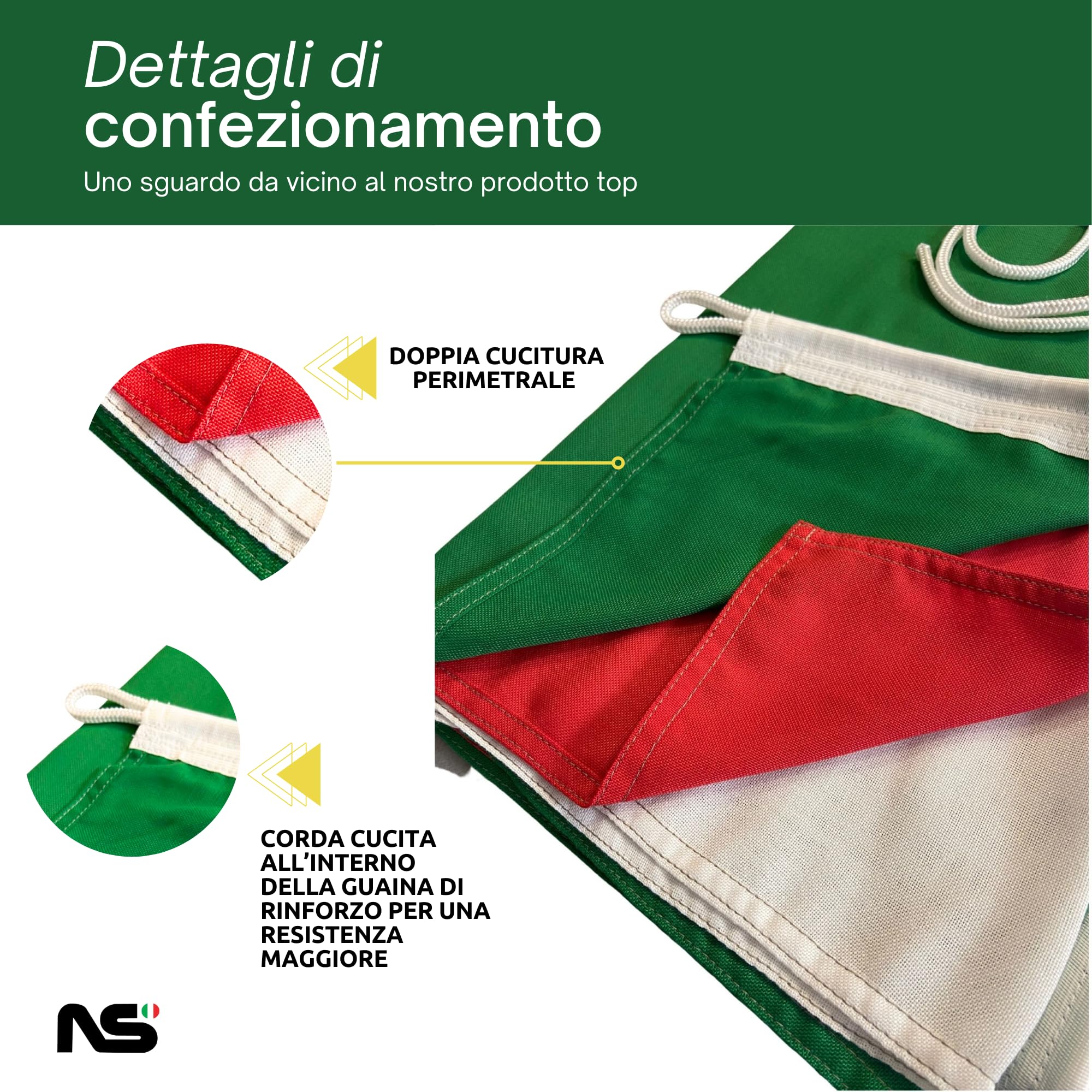 NS BANDIERE | Bandiera Italia Grande cm 200x300 in Tessuto Pesante Stamina Nautica 220gr Antivento Resistente con Corda Laterale e Gancio di Rinforzo
