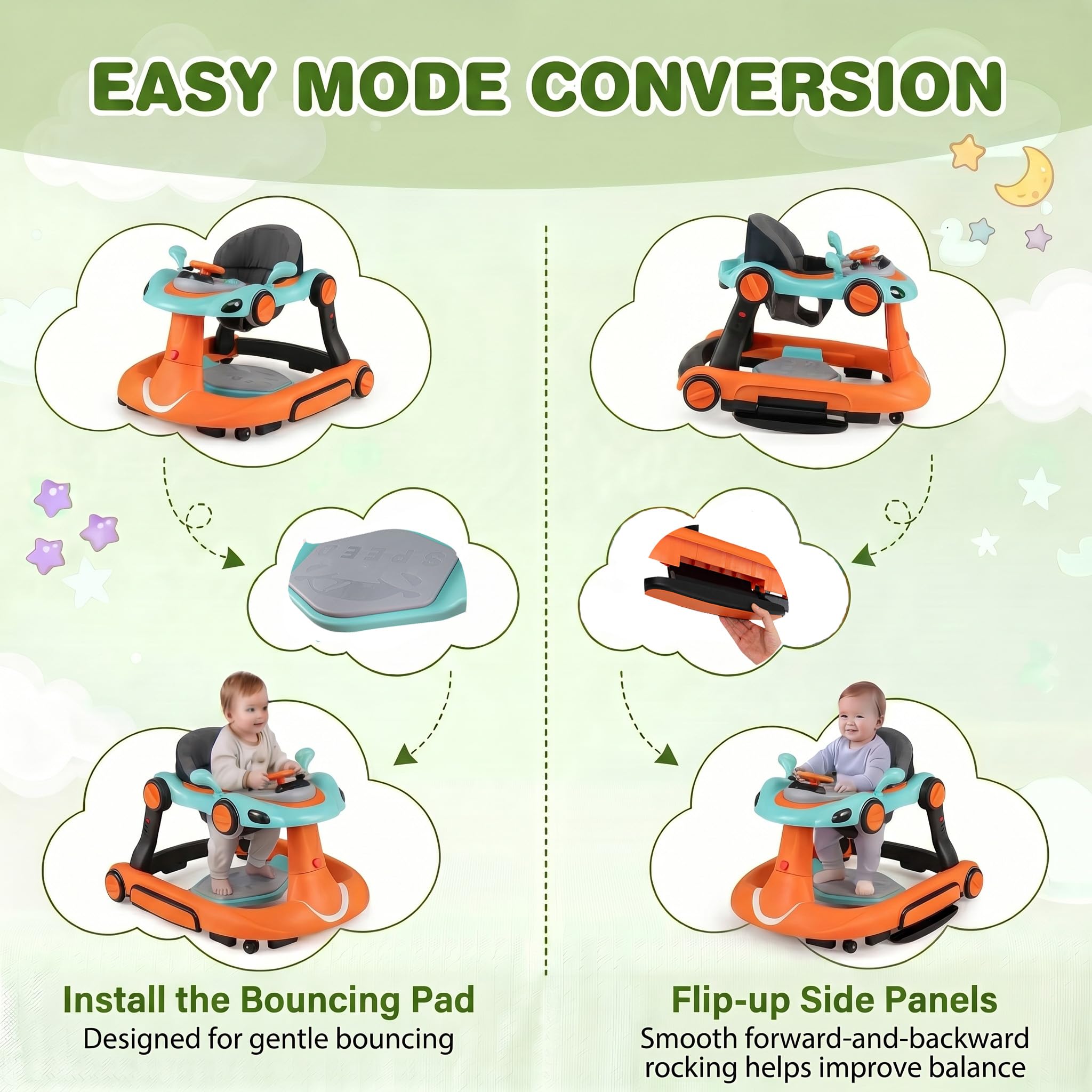 LIFEZEAL 6 in 1 girello per bambini con tettuccio, Girello Trasformabile, Pieghevole, altezza e velocità regolabili, Baby Walker con luce, musica, Portata 12 kg, per Bambini 7-18 Mesi (arancione)