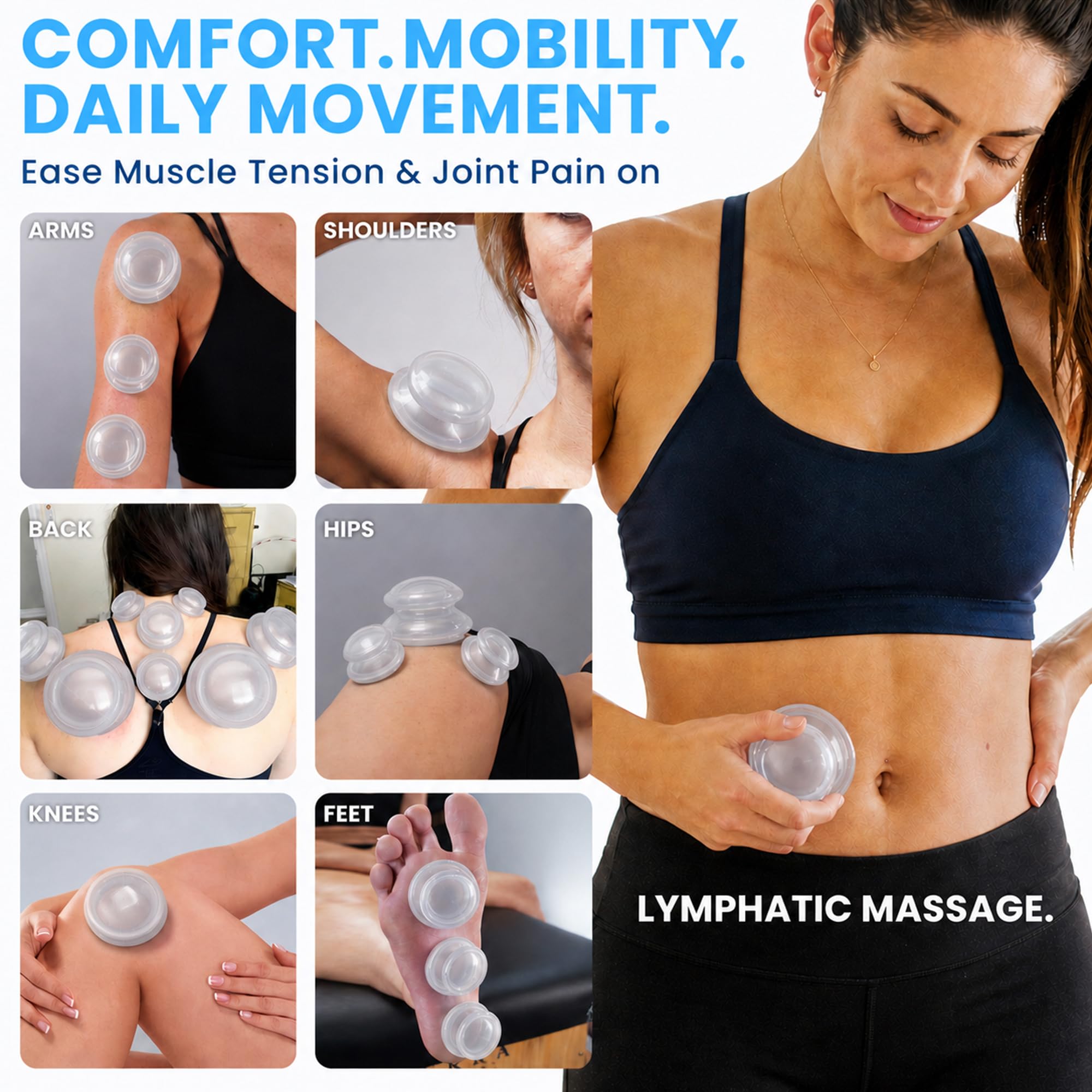 Set di 8 ventose per massaggi professionali in silicone per massaggio, rilassamento miofasciale, riduzione della cellulite (trasparente esca)