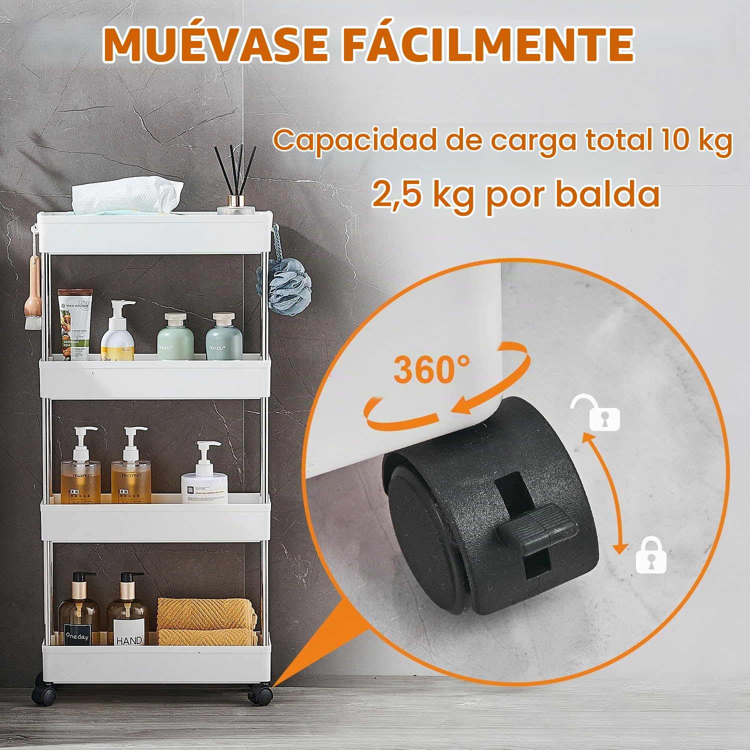 Carrito Auxiliar con Ruedas Cocina, Carro de Almacenamiento Rodante de 4 Niveles, Multifuncional Organizador Carrito Cocina para baño, lavadero, Espacio Estrecho, Plástico, 40 x 13 x 86 cm