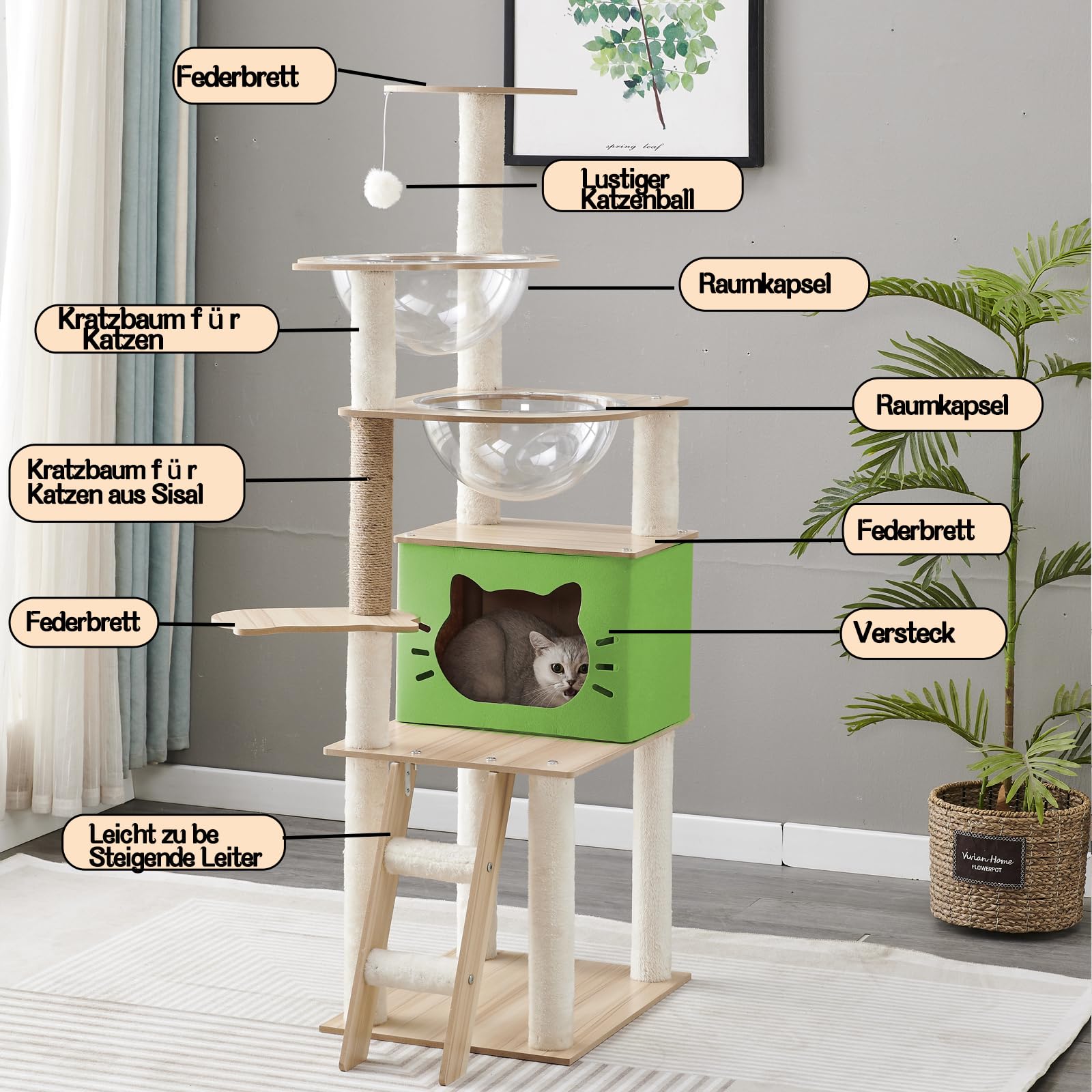 Mekidulu Tiragraffi per gatti,Con Cuccia gatto,2 Capsula spaziale trasparente,Gioco per Palla,Trespolo per Piattaforma,Scala per,Tiragraffi per gatti adulti(145CM)