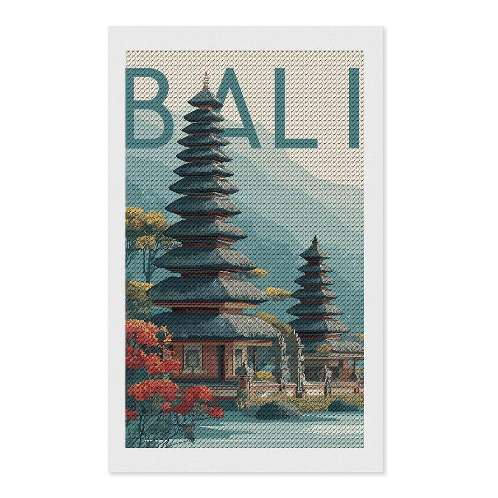Junmoney Bali Temple Illustration DIY Diamond Art Canvas Kit 12"x20", Adhesive Canvas, Easy to Enjoy, Farmhouse Decor, Festive Craft Gift