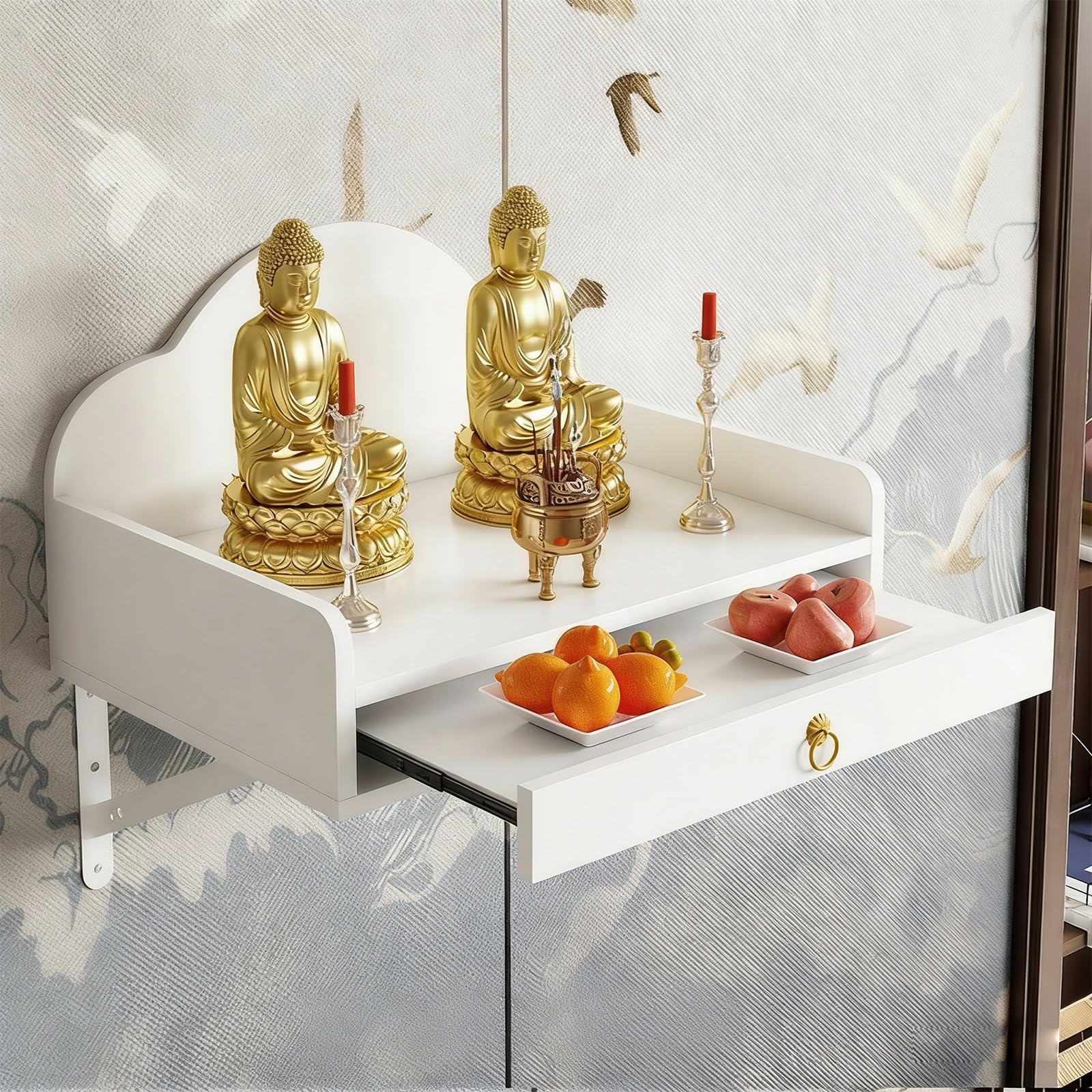 Buddha Statue Stand With Pull-out Panel,Wall-Mounted Buddhist Altar Table