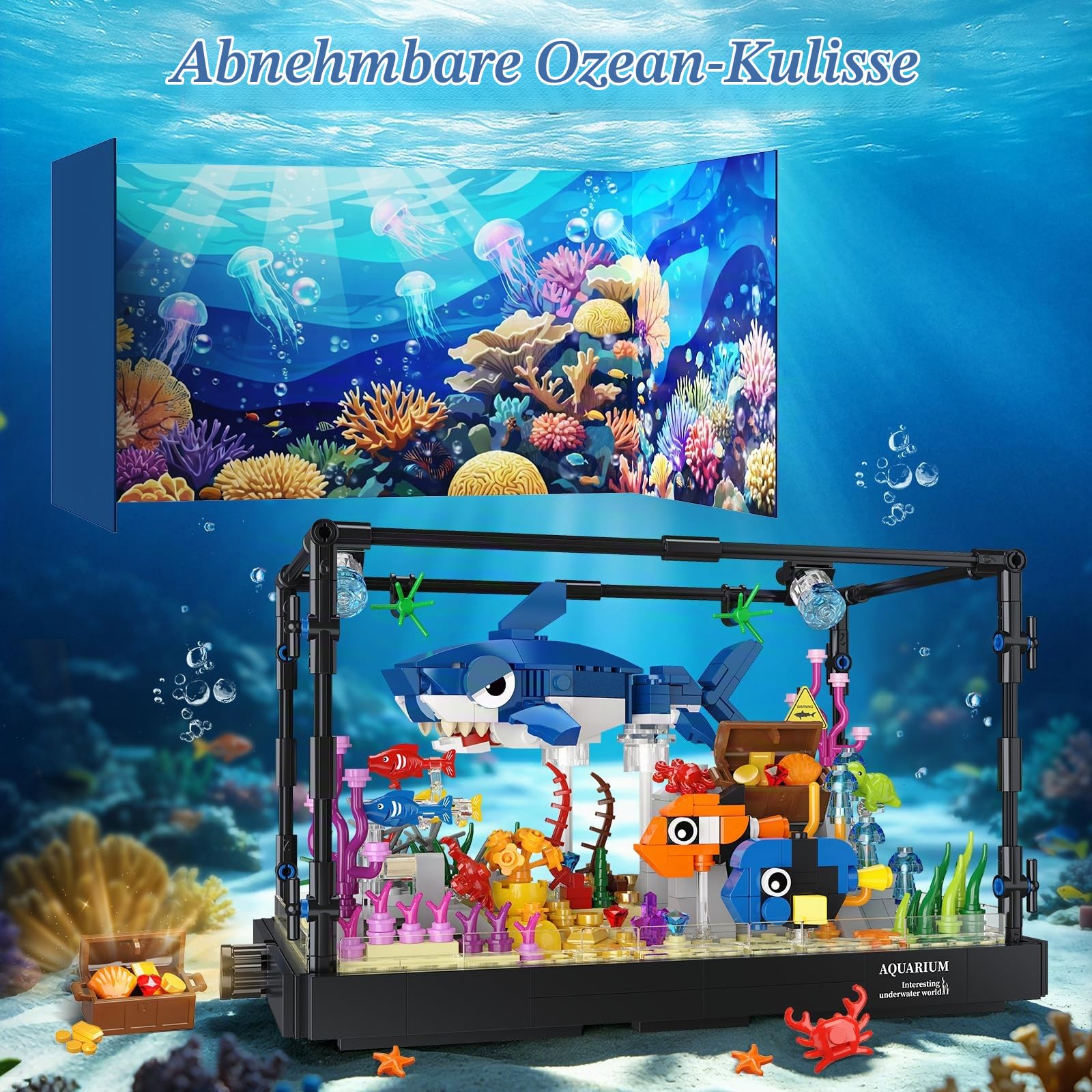 HOGOKIDS Technik Hai Aquarium Bauspielzeug mit Licht für Jungen ab 8 Jahren | Bewegliches Fish Tank Spielzeug mit Hai Figur, Schatztruhe & Meerestieren, Weihnachten Geburtstag Geschenk für Kinder Mädchen