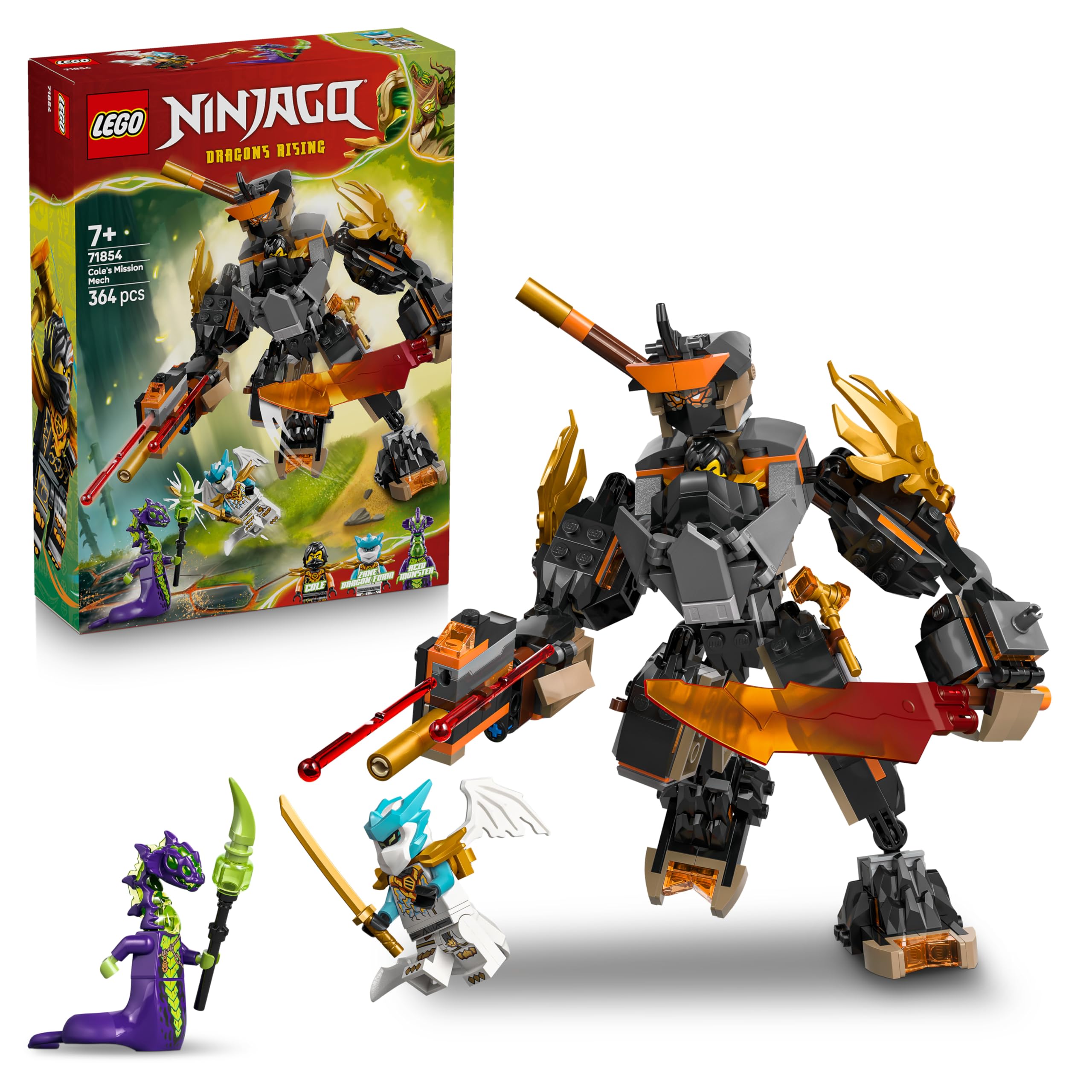 LEGO NINJAGO Cole's Mission Mech & Dragon Zane - Ninja Toy w/an Action Figure, 3 Minifigures and Swords - Birthday Gift for 7+ Year Old Boys & Fans - 71854