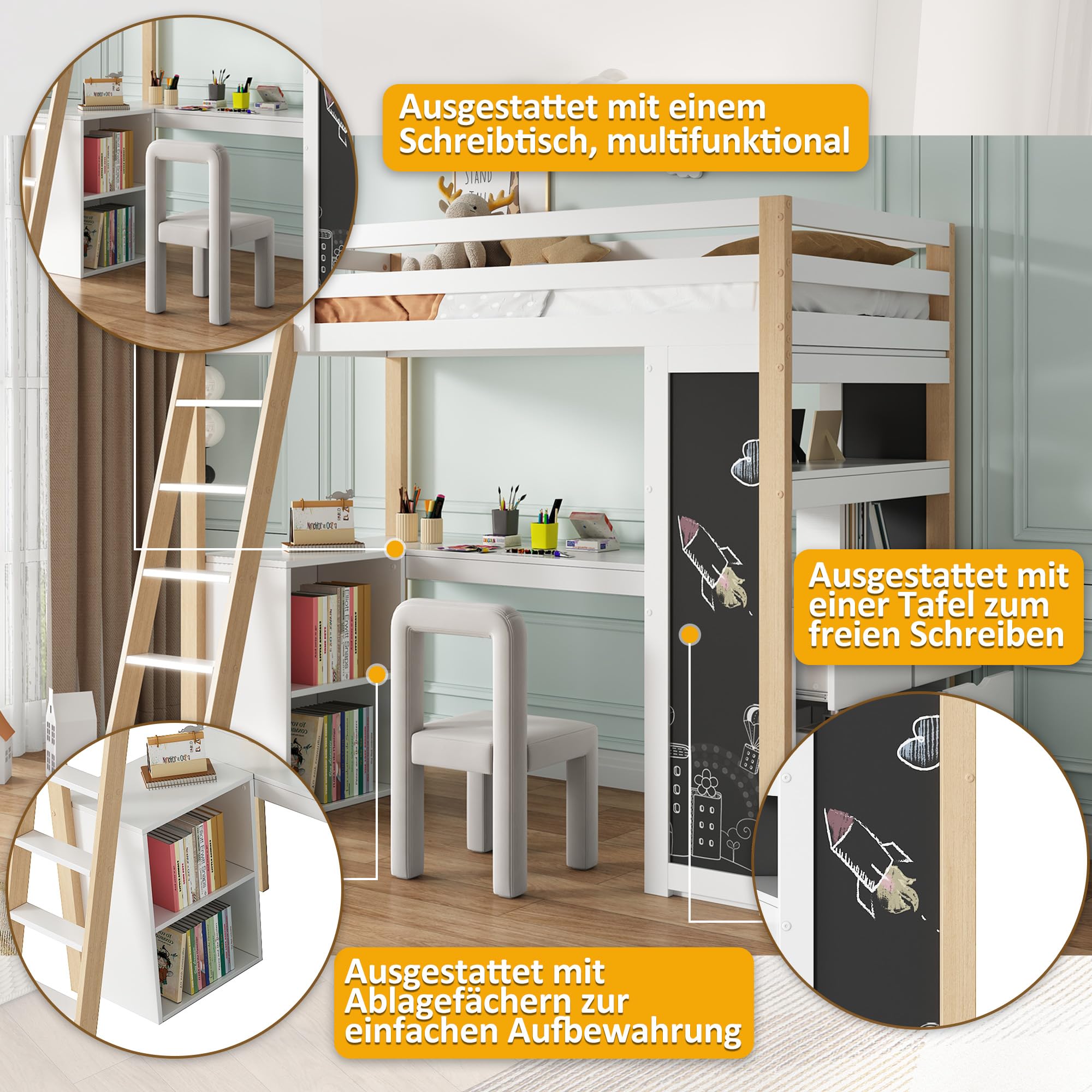 Sapgaks Lit superposé Enfants 90x200 avec Bureau,lit Mezzanine 1 Places 90x200 avec Compartiment de Rangement,avec échelle,Grand tiroir, Tableau Noir,étagère,Blanc + Naturel