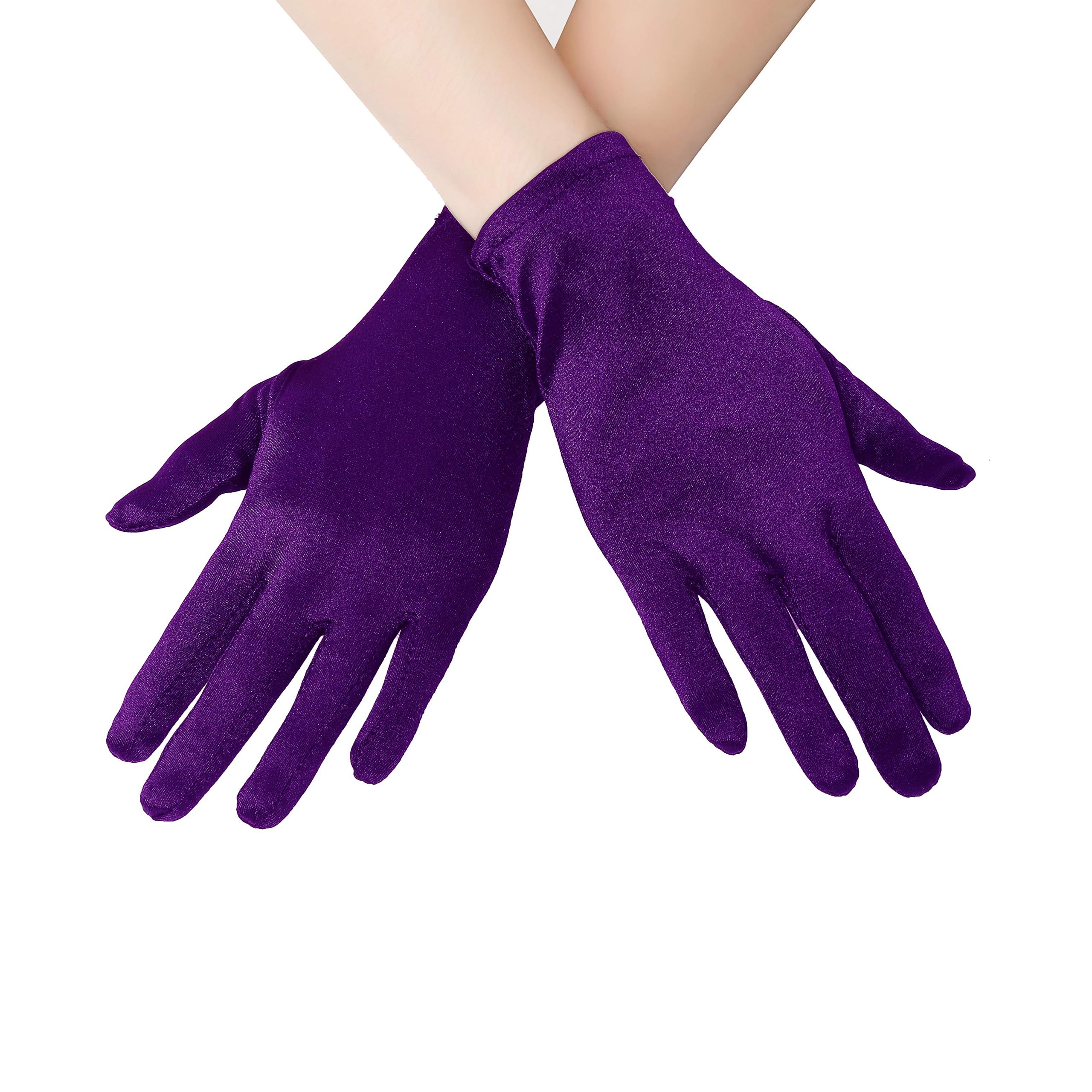Short Opera Satin Gloves for Women Wrist Length Banquet Gloves Tea Party Halloween Costume Gloves, Purple