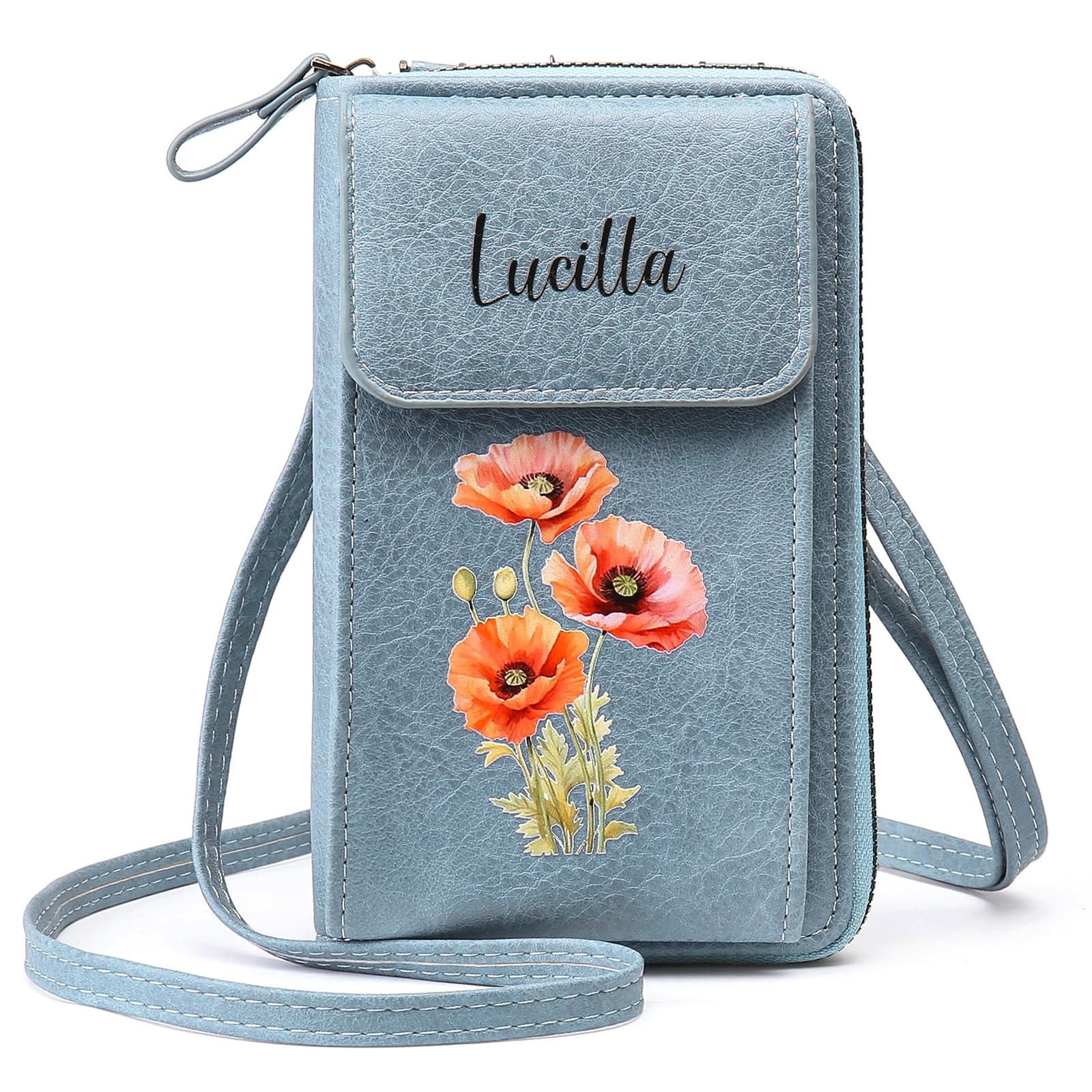 Personalized Leather Birthflower Money Clip Wallet Custom Engraved Name Hold Phone Purse with Wrist Strap for Women Mom Sister