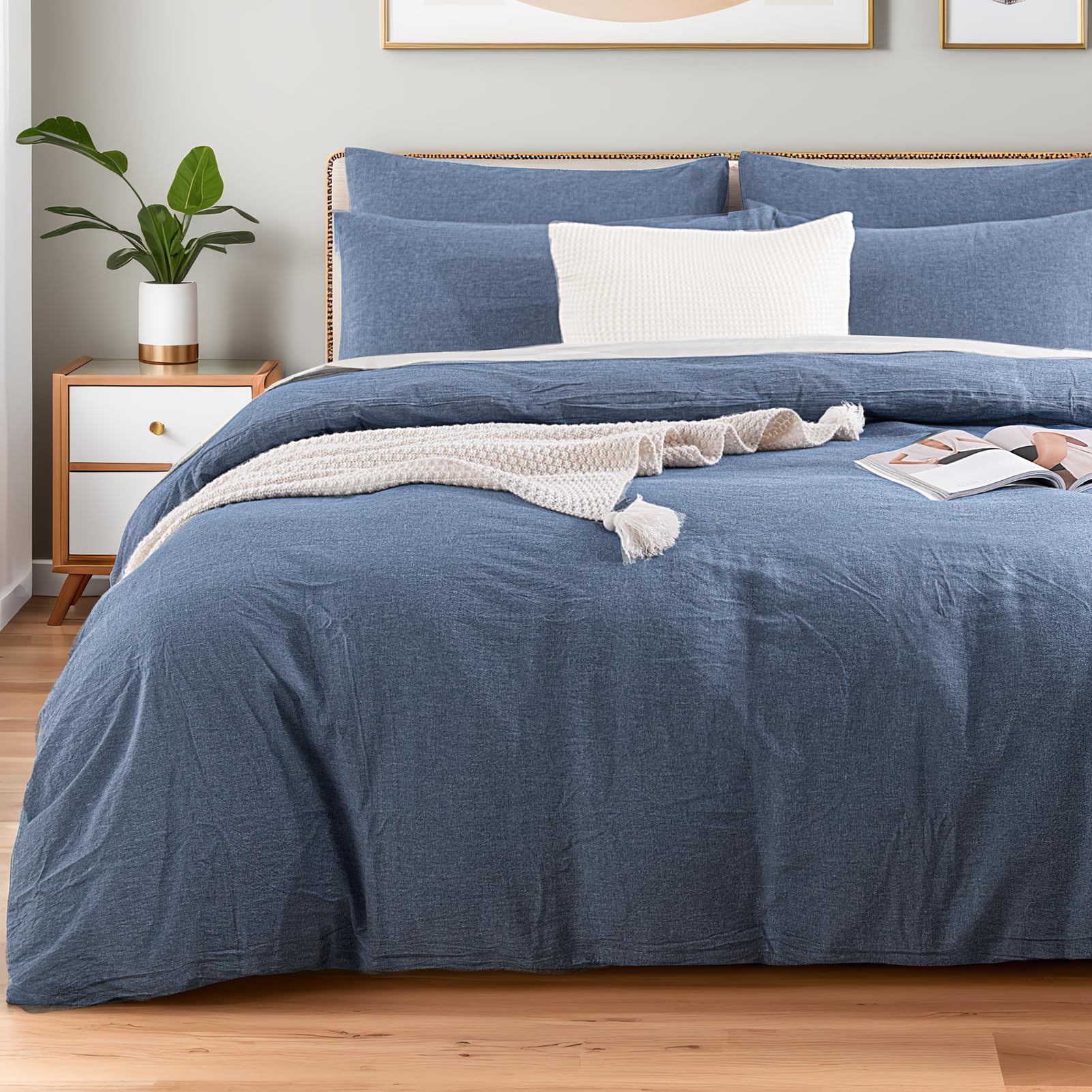 NEXHOME PRO Duvet Cover King 100% Washed Cotton, Heathered Blue Breathable, Durable, Textured, Linen Like, Home Bedding Set 104"x90"