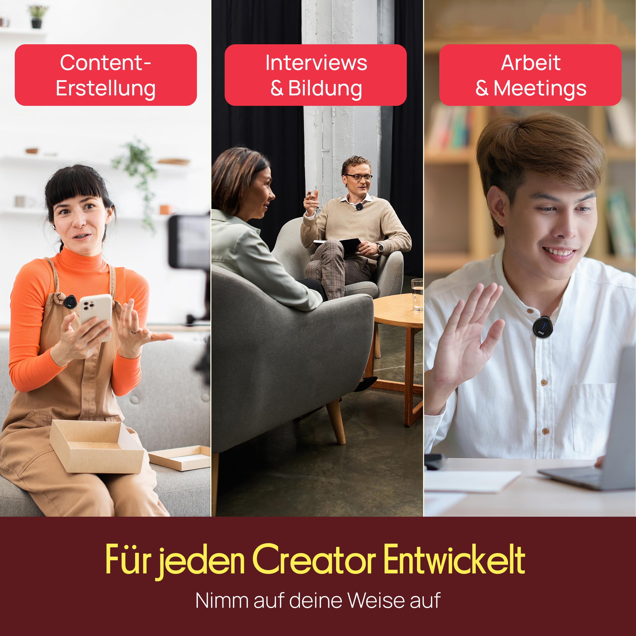 Pyle Kabelloses Lavalier Mikrofon 2er Set für iPhone, iOS & Android–2,4 GHz Ansteckmikrofon mit Geräuschunterdrückung, 360° Audioaufnahme, Magnetclip, Ladecase für Vlogging, Interviews & Livestreaming