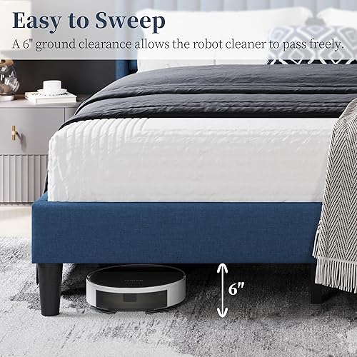 Miniatura 33 de Yaheetech - Base de cama matrimonial, plataforma tapizada con cabecera de borde ala, base de colchón de tela capitoné cuadrada, soporte de listones