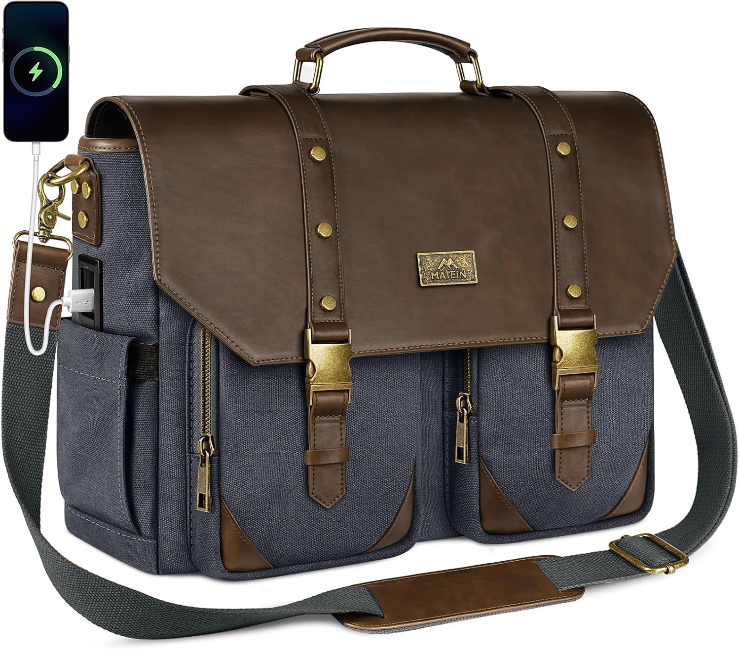MATEIN Professional Work Bag with USB Port & RFID Blocking, Vintage 15.6 Inch Laptop Messenger Bag Canvas Briefcase for Men, Water Resistant Computer Sachel for Commuting, Brown & Charcoal Grey