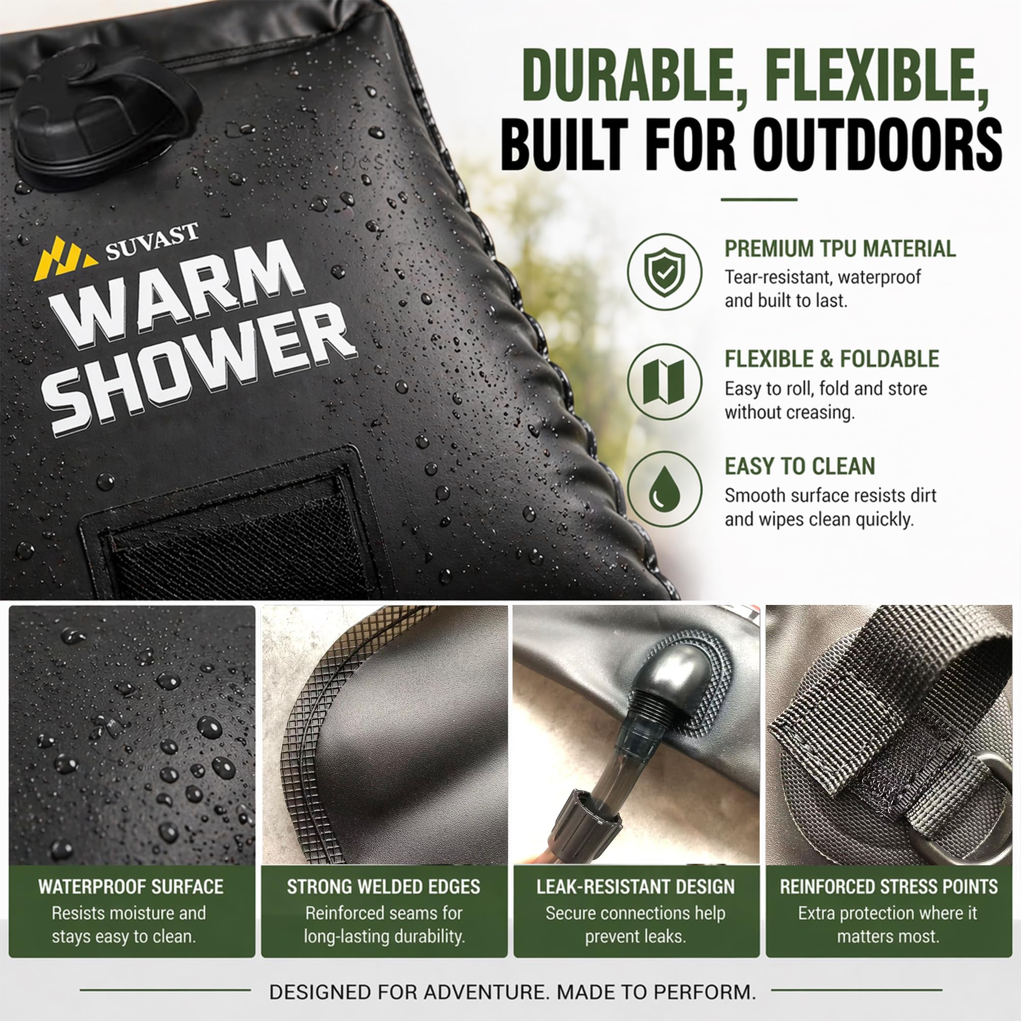 Sac de douche solaire, 15 l, douche solaire portable en TPU pour le camping et le nettoyage en plein air, avec tuyau et sac de transport