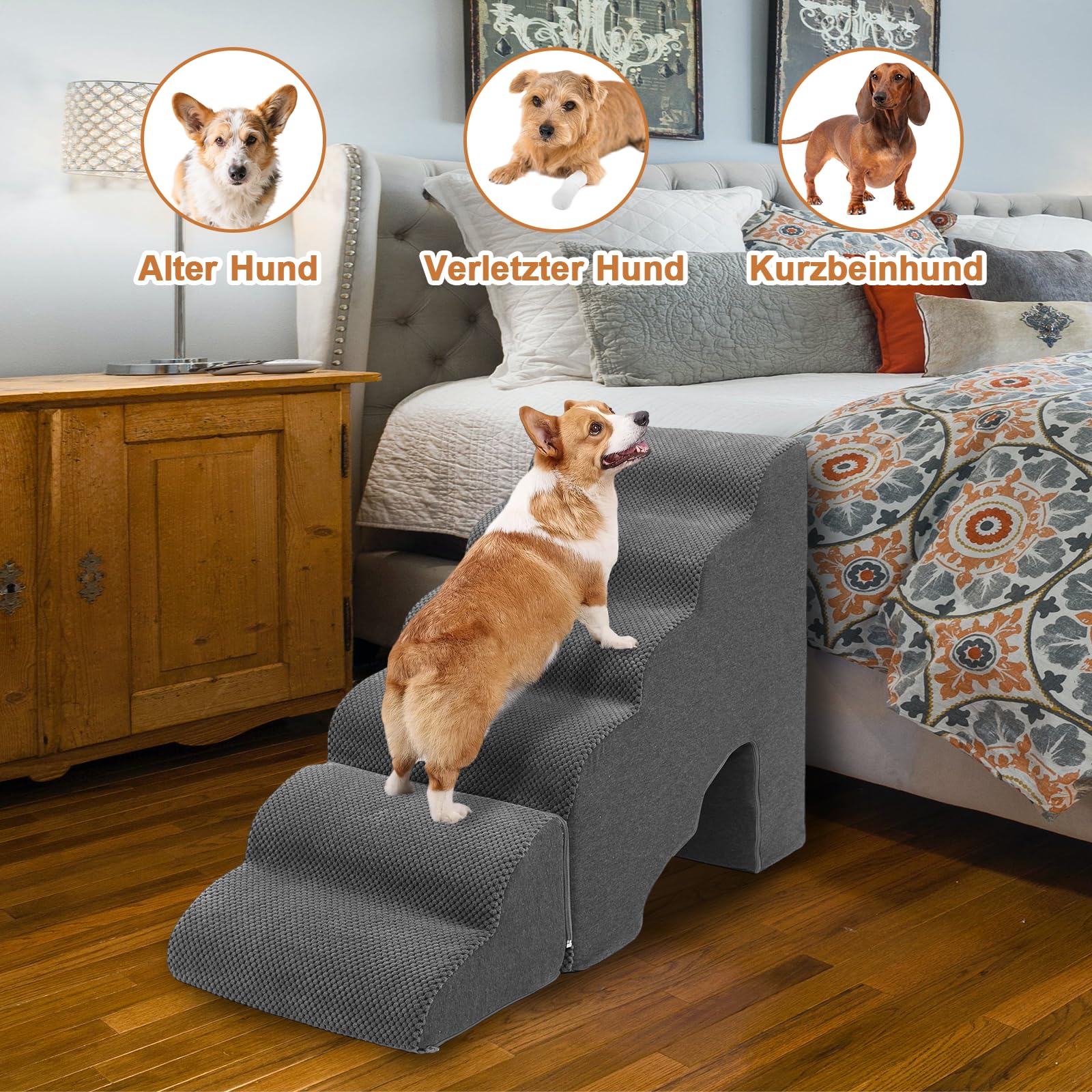 Escalera para perros de 60 cm de altura para cama, 6 peldaños para cama con somier | Escalera antideslizante para mascotas de color gris oscuro para perros pequeños o lesionados