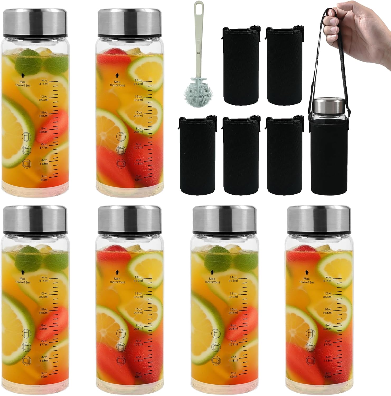 Borosilicate Glass Juice Water Bottles 6 Pack 16 OZ,Wide Mouth Glass Water Bottles with Lids and Sleeve,for Juicing, Smoothies, Milk, Protein, Reusable, Leak Proof, Shaker bottle