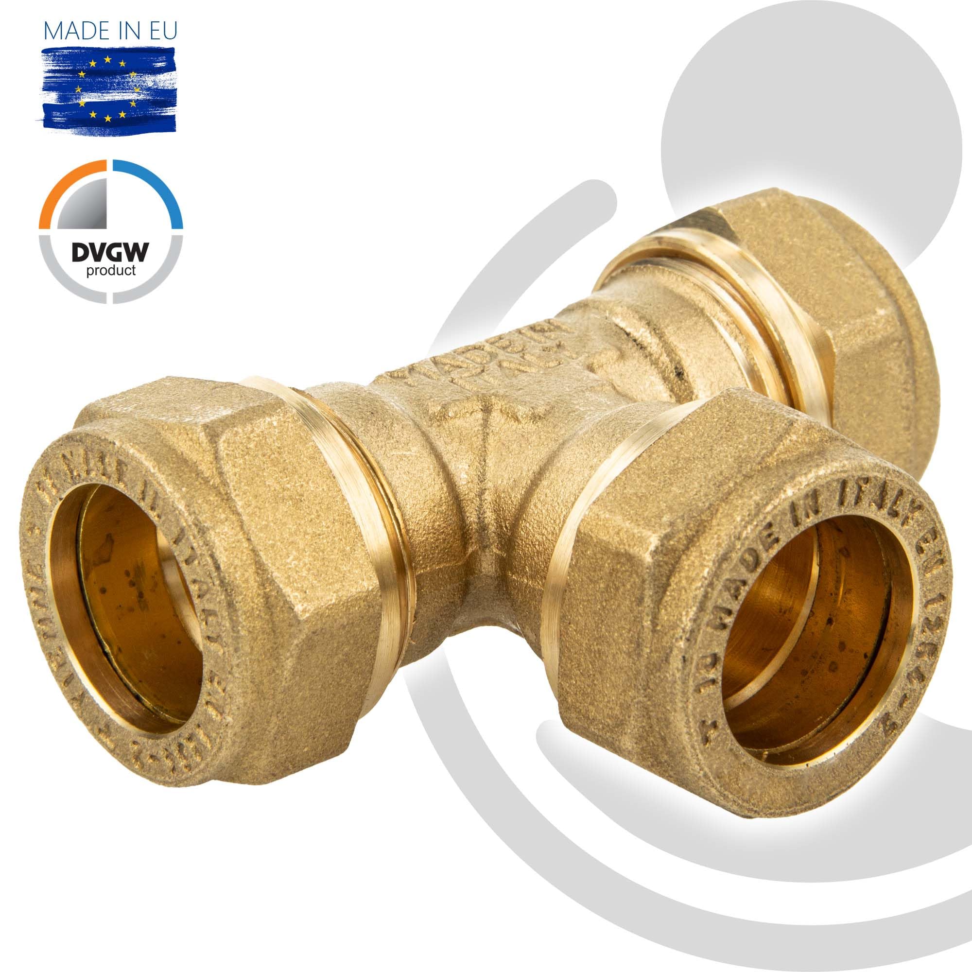 Produktbild von Tecuro Klemmring-T-Stück 22 X 18 X 22 Mm – Messing, DVGW-geprüft (W534), Für Trinkwasser, Heizung, Solar Und Druckluft