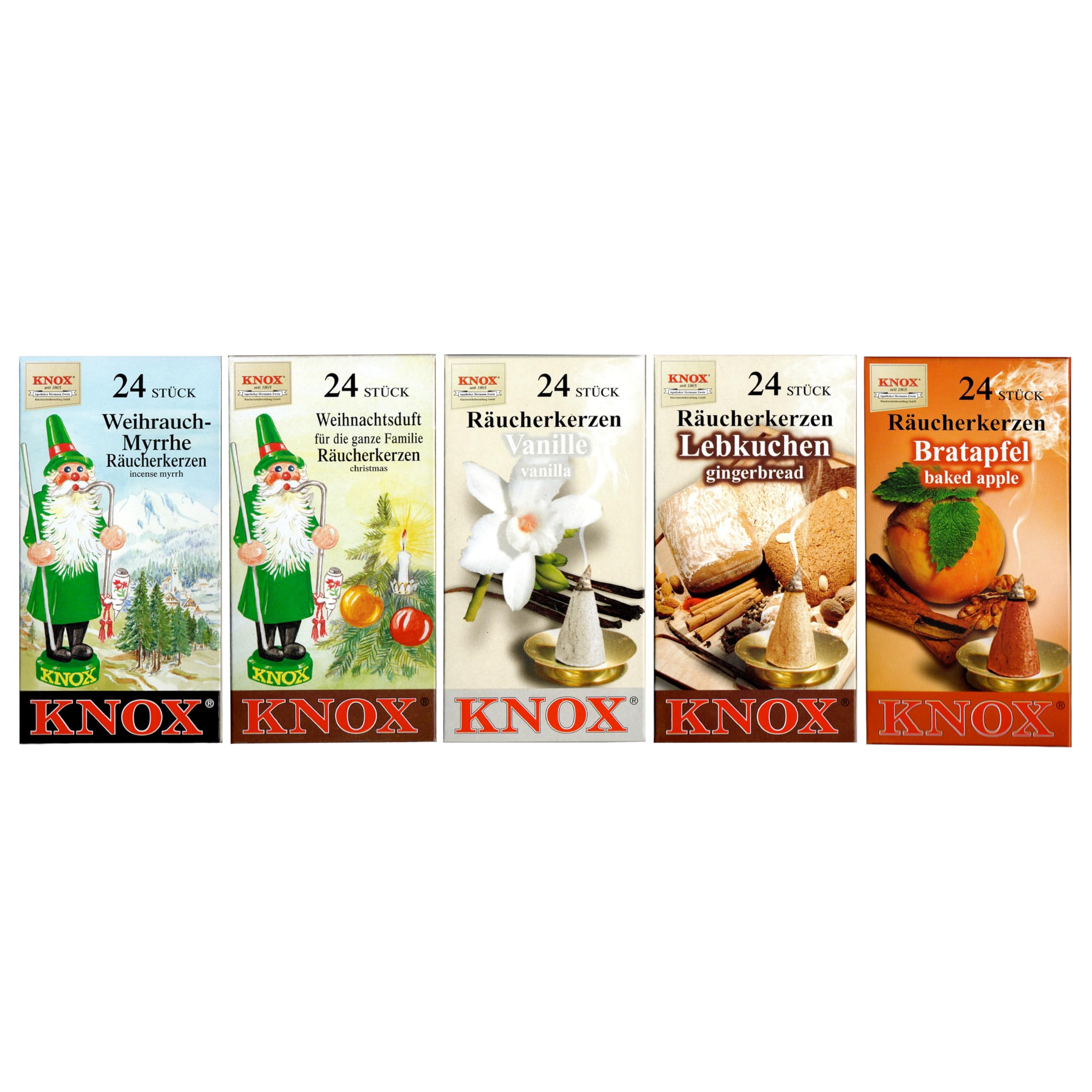 Knox Incense Cones in a Set of 5 with 24 Pieces per Pack, Incense Cones in Size M in Various Fragrances such as Frankincense Myrrh, Christmas Fragrance, Vanilla, Baked Apple and Gingerbread