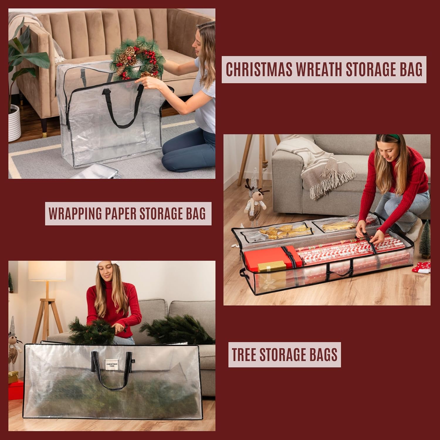 VENO 7 Pack Christmas Wreath, Tree and Wrapping Paper Storage Bags (5 Pack Multi-Use Wreath Bags, 1 Pack 7.5 ft Tree Storage, 1 Pack Gift Wrapping Paper Storage)